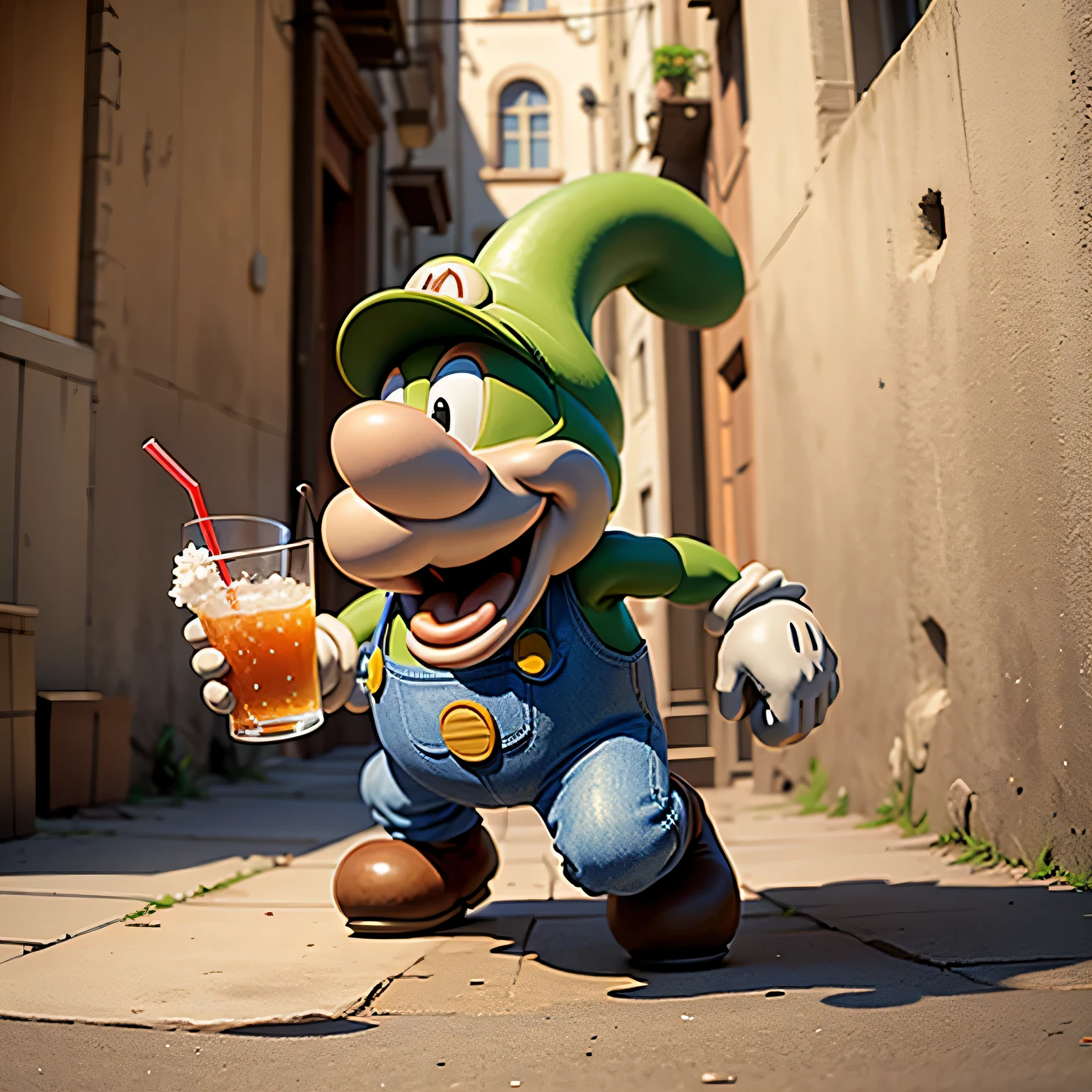 Personaje de Mario Bros corriendo hacia adelante, one arm back holding a drink in the other.