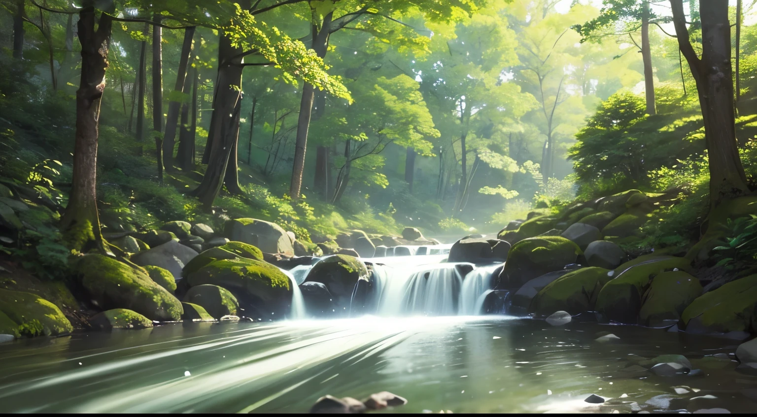 I took a photo of a peaceful moment spent in nature..。wood々Imagine a peaceful landscape bathed in soft morning light.。.。a gentle meandering stream、Surrounded by lush greenery。The overall atmosphere is calm and connected to the natural world.、Highlights the beauty and serenity of outdoor moments。