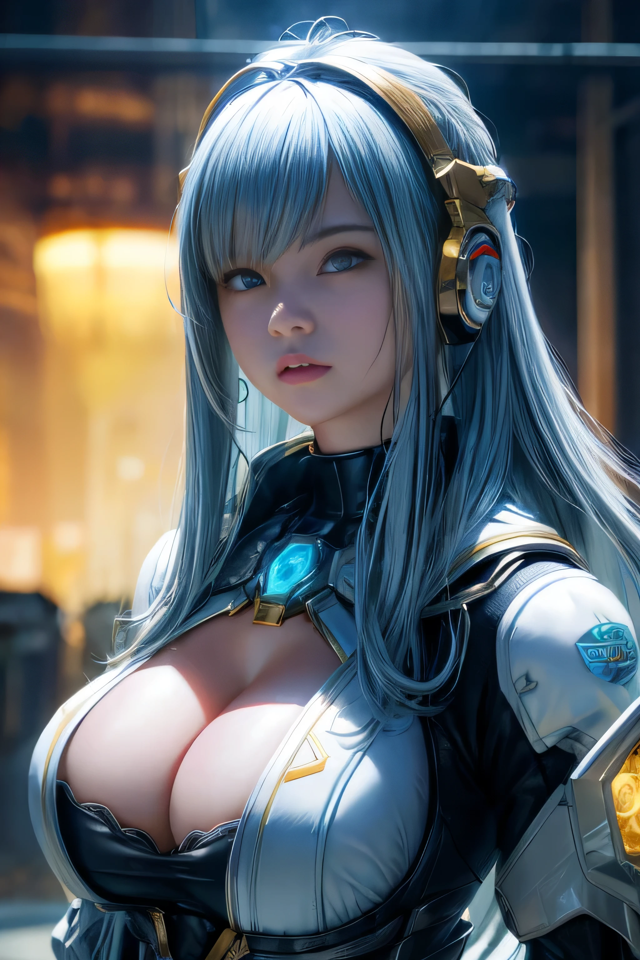 ((RAW image quality:1.4))、8K resolution、Ultra-high-definition CG images、highest quality、masterpiece、ultra high resolution、(realistic:1.4)、1 girl、(light blue hair)、straight hair, beautiful shiny hair、white and glossy skin、Huge , (cleavage:1.4)、Sexy Cyberpunk Girl、headset, ((Ultra realistic details))、shadow area、octane rendering、super sharp、super detailed face、fiberglass、glowing tube、very intricate details、realistic light、CG Society Trends、((golden eyes))、(towards the camera)、Neon details Mechanical rim mechanical vertebrae attached to back、Mechanical neck that attaches to the neck、Wires and cables connecting to the head、space background、between legs、