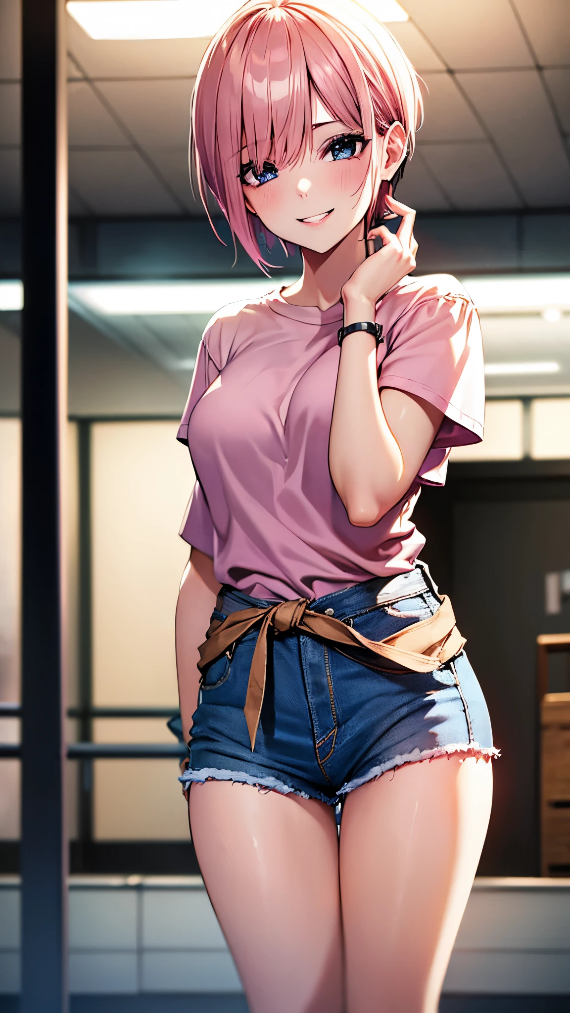 ((masterpiece)), ((best quality)), ((4K)), naughty girl, pink short hair, pull up shirts, show glimpse of waist, naughty smile