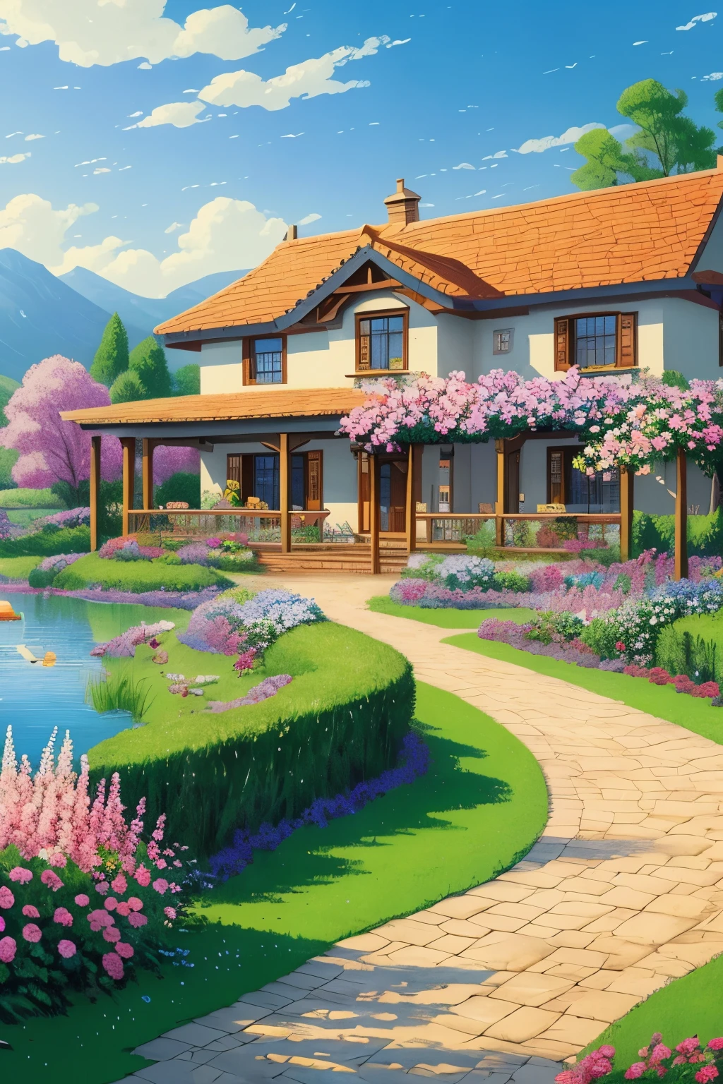 villa painting, flowers next to the fence, fence along the road,  Mountain landscape with lake and boats, Birds flying in the blue sky, illustration matte paint,  Inspired by Thomas Kinkade, symmetrical matte paint, detailed scenery , a raw style, 8K ultra-detailed