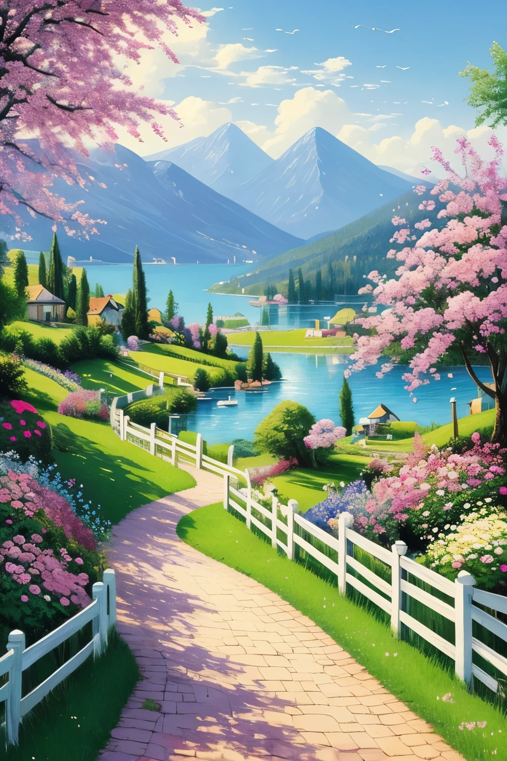 villa painting, flowers next to the fence, fence along the road,  Mountain landscape with lake and boats, Birds flying in the blue sky, illustration matte paint,  Inspired by Thomas Kinkade, symmetrical matte paint, detailed scenery , a raw style, 8K ultra-detailed