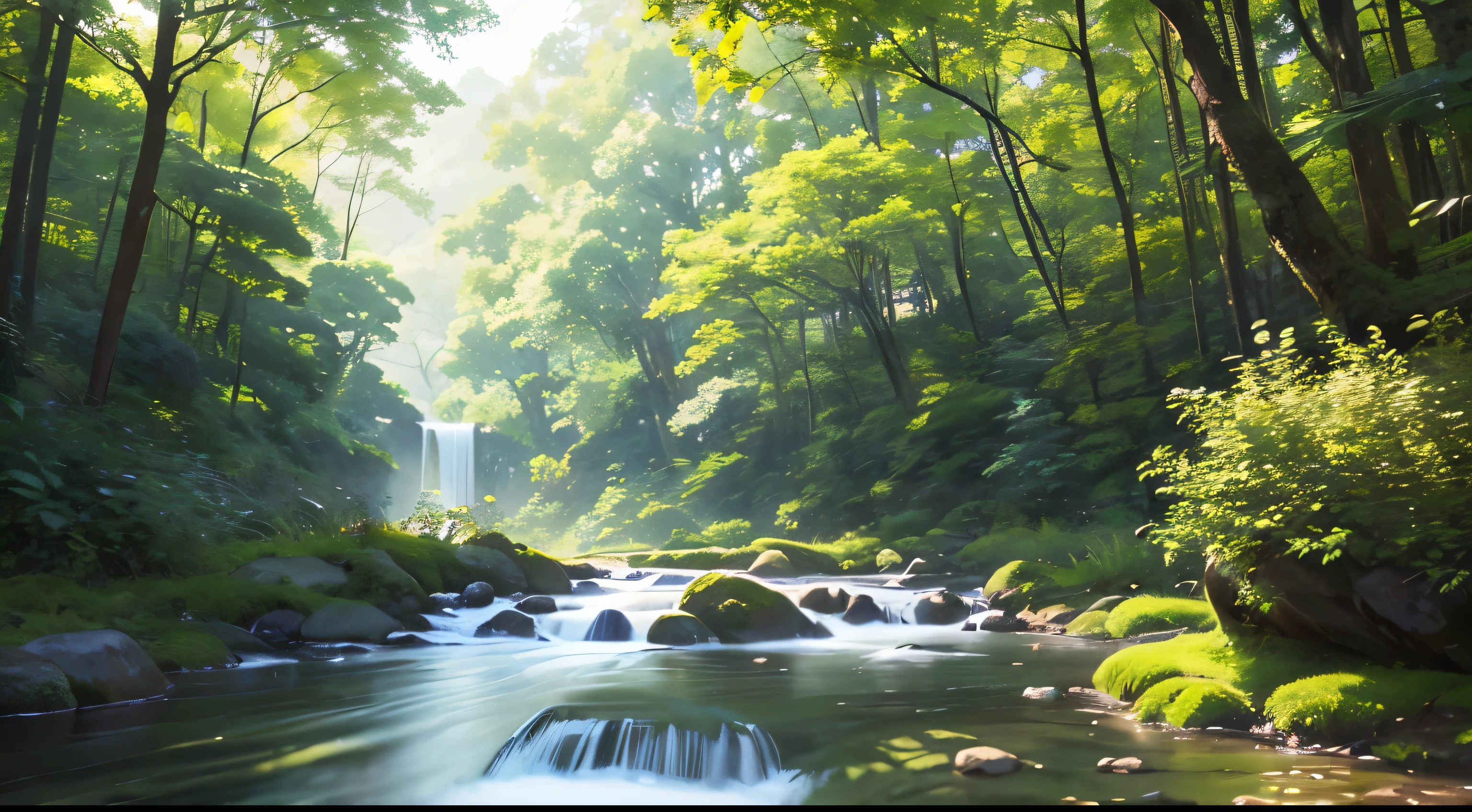 I took a photo of a peaceful moment spent in nature...。wood々Imagine a serene landscape illuminated by soft morning light.。.。gently meandering flow、Surrounded by lush greenery。The overall atmosphere is calm and connected to the natural world.、Highlights the beauty and tranquility of outdoor moments。