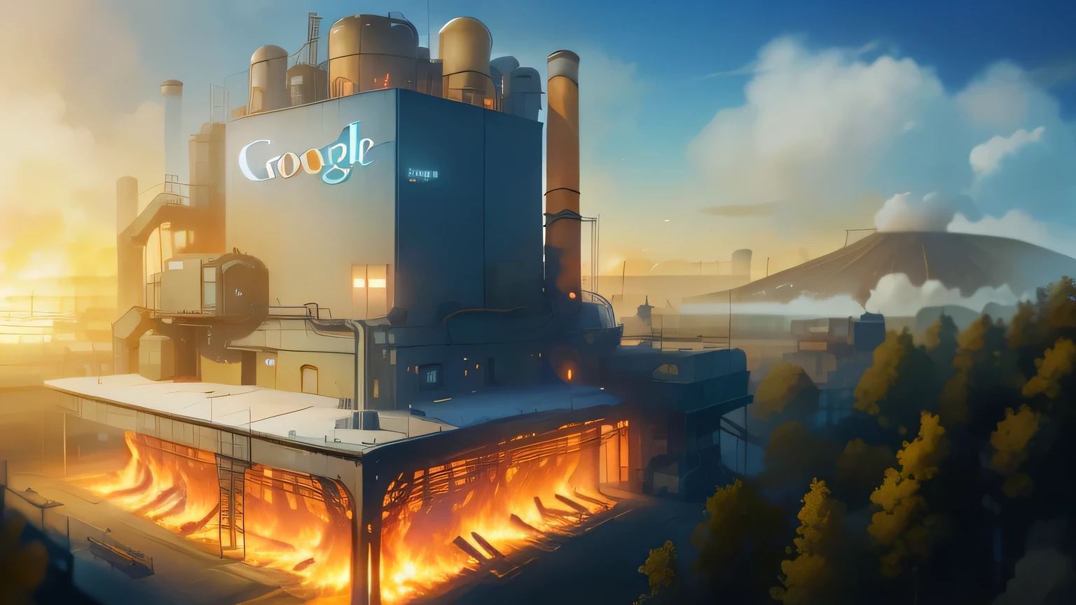 a close up of a building with a fire burning inside of it, smelting pit'beeple, google point of view, factory background, fallout concept art, big tech art style, still from half-life movie, matte painting of steam machines, rendering of log pile factory, simon stålenhag. digital art, alejandro burdisio art