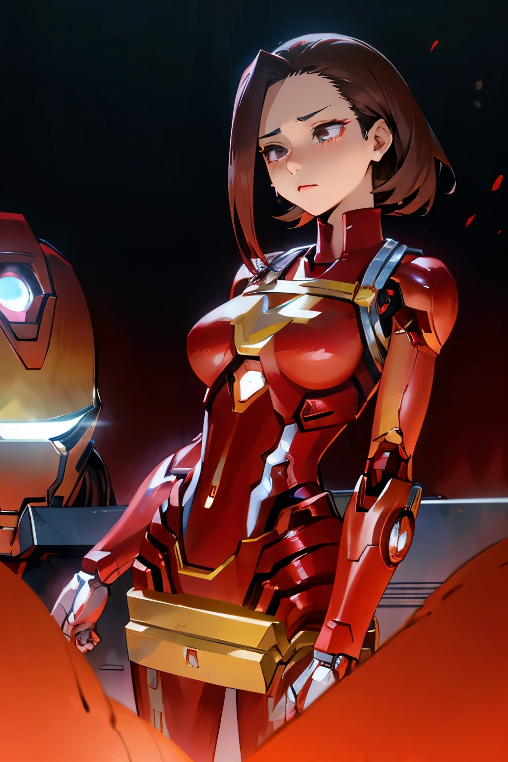 Momo Yaoyorozu, una mujer sexy y atractiva inspirada en Iron Man con un brillante robot de Iron Man. Se viste con sensualidad y confianza, interpretando perfectamente la fuerza y el carisma de Iron Man.