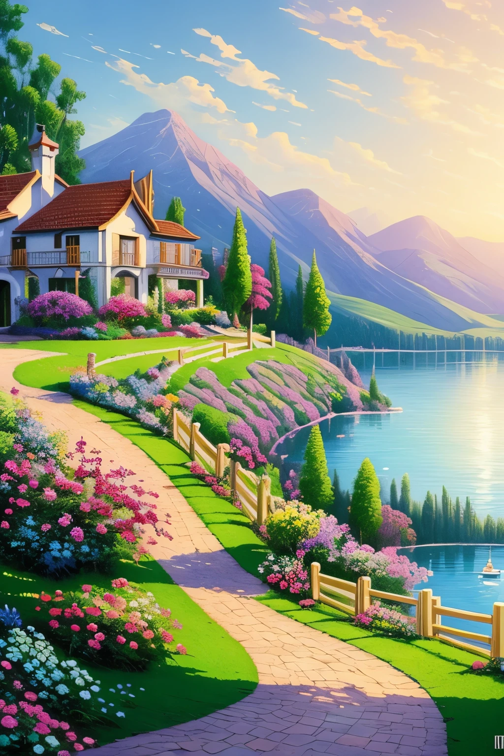 villa painting, flowers next to the fence, fence along the road,  Mountain landscape with lake and boats, Birds flying in the blue sky, illustration matte paint,  Inspired by Thomas Kinkade, symmetrical matte paint, detailed scenery , a raw style, 8K ultra-detailed