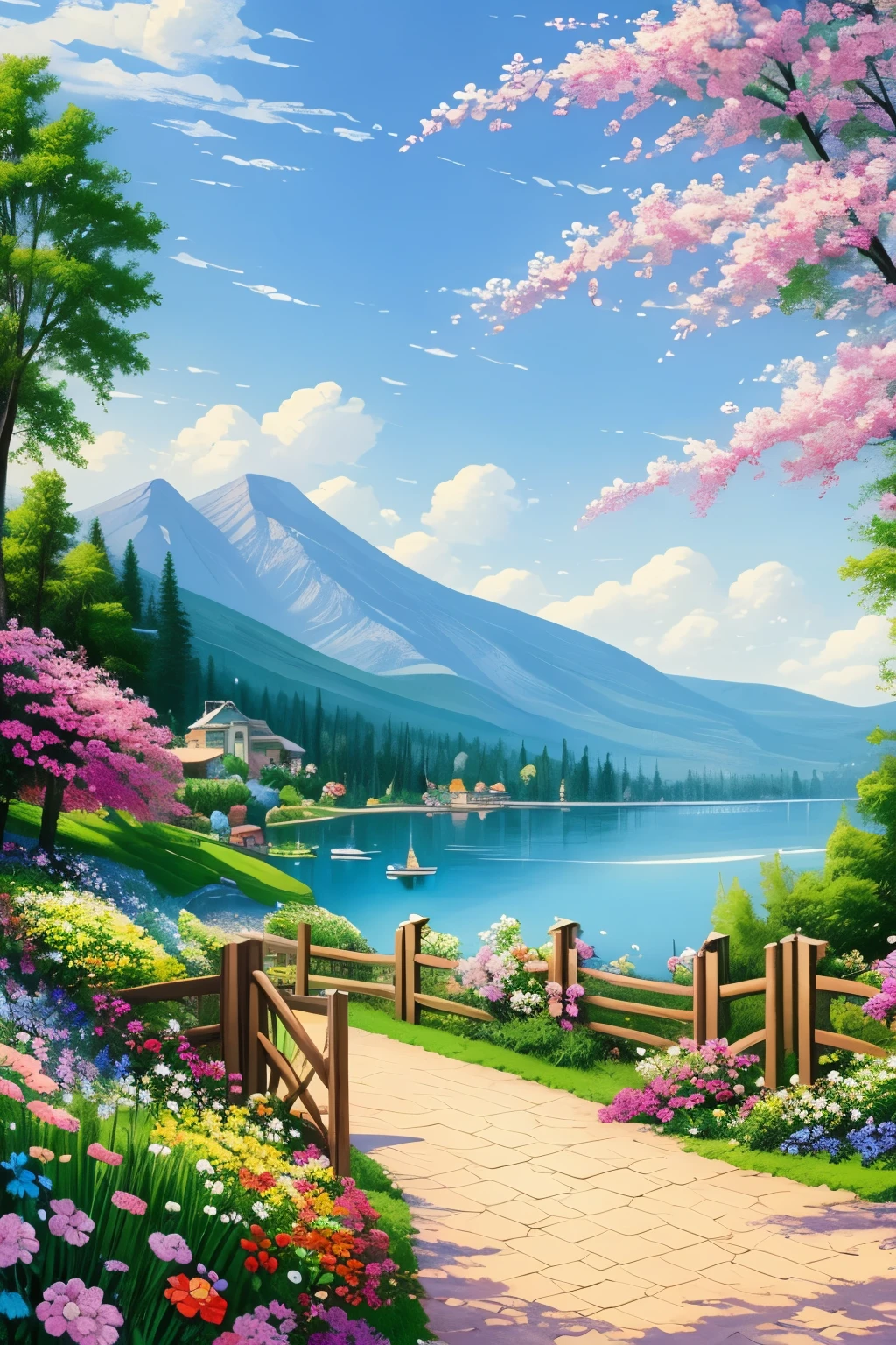 villa painting, flowers next to the fence, fence along the road, Mountain landscape with lake and boats, Birds flying in the blue sky, illustration matte paint, Inspired by Thomas Kinkade, symmetrical matte paint, detailed scenery , a raw style, 8K ultra-detailed