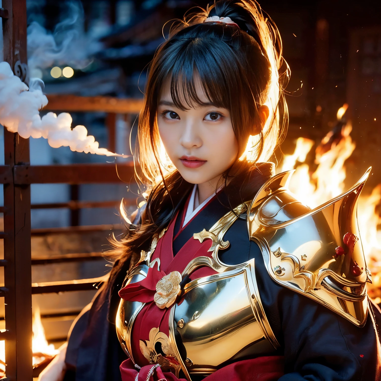 (((Realistic, masterpiece, best quality, crisp detail, high definition, high detail, sharp focus, perfect studio lightning))), 20 years old assassin,((( in the middle of a war, kasumi arimura, fighting stance))), wearing (((fully decorated golden armor, armored kimono, blood scattered face, blood bath, blood shed))), (((fire everywhere, smoke everywhere, blood everywhere, death everywhere, japan bakumatsu period, dead bodies,carcass, ,fire,smoke,burned japanese castle village,hellish ) traditional village background)