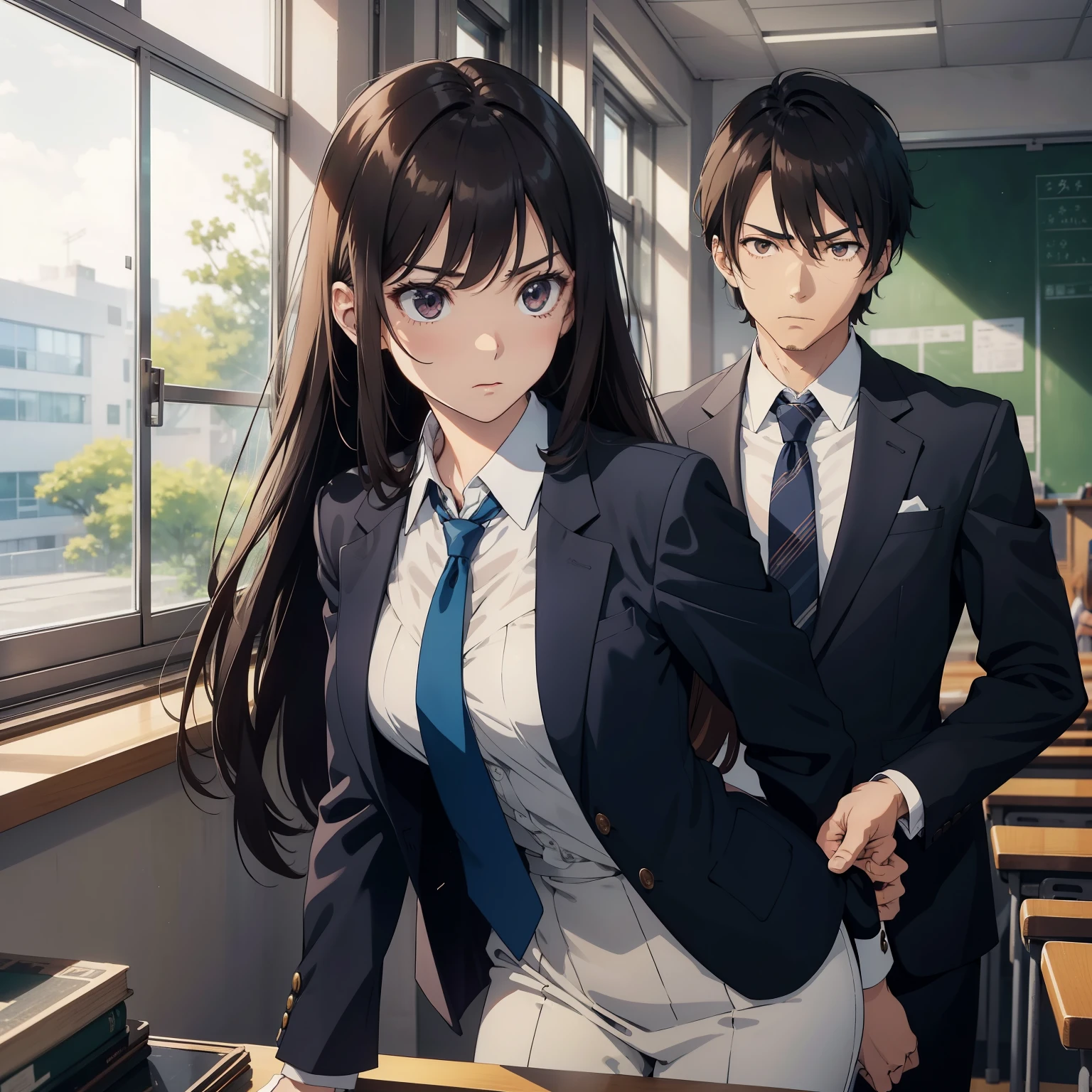 A man in a suit sternly reprimands a woman in an anime-style image. The woman, with long brown hair and a surprised expression, stands before him with her hands folded defensively. Her anxious look contradicts the serene atmosphere of the room, which is bathed in natural sunlight filtering through the windows of a school building. The man's suit is of perfect proportion, the fabric smoothly pressed against his slender body. The depth of field is expertly executed, drawing attention to the intensity of their gaze and the sharp focus on their faces. The background is richly detailed, depicting the classrooms and students in the school behind them. The realistic skin textures add to the hyper-detailed image