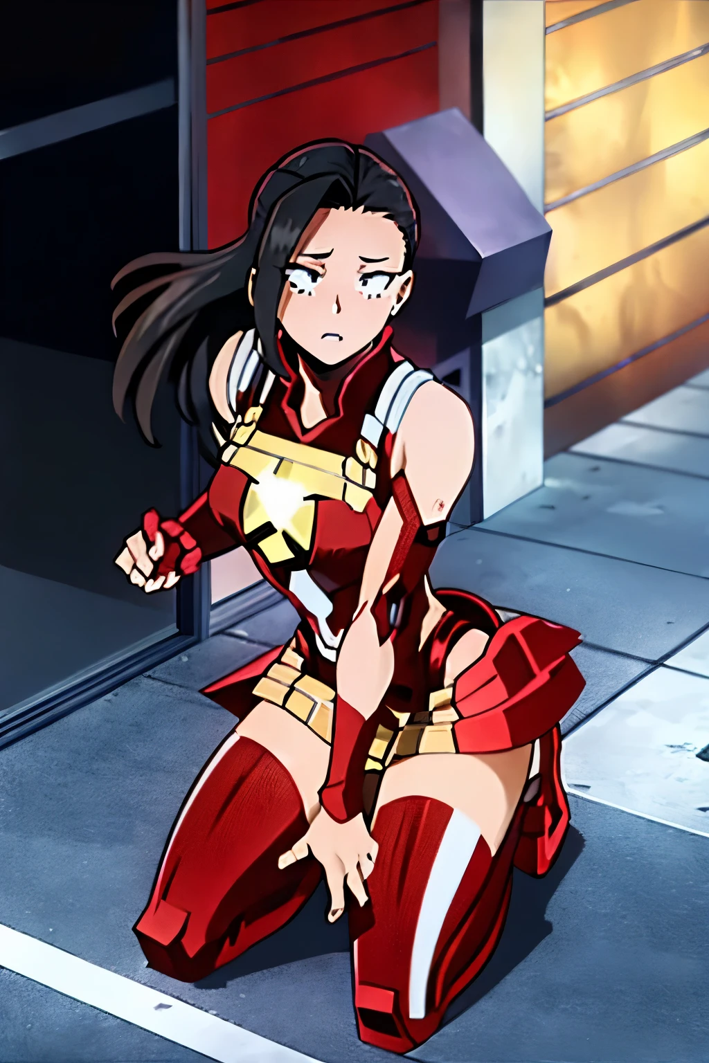 Momo Yaoyorozu, una mujer sexy y atractiva inspirada en Iron Man con un brillante robot de Iron Man. Se viste con sensualidad y confianza, interpretando perfectamente la fuerza y el carisma de Iron Man.