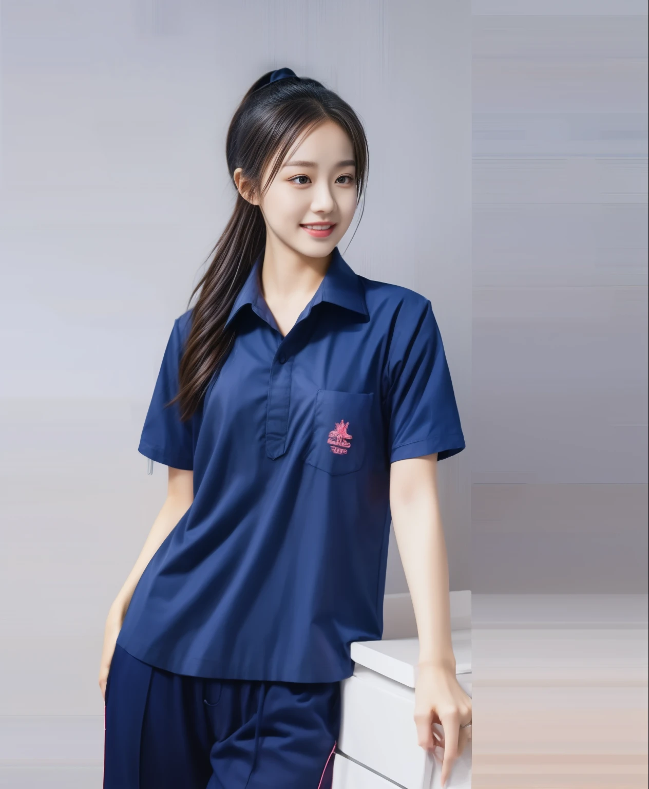(best quality,10,10,height,Masterpiece:1.2),Special details,(realistic,ภาพrealistic,Realistic photos:1.37),1 Cute girl in the kitchen,shiny, ผิวshiny,only,smile softly,BDclothelue shirt:1.3)),short sleeve,shirt, กางเกงขาlong.,(navy_long_track pants:1.1), ((Kitchen Background)),Dynamic angle,excited,Face focus,dynamic poses,from behind,focus on ass,Masterpiece, best quality, ultra realistic, Too many details, 8k resolution, raw photos, Sharp focus, ((Navy blue shirt:1.1)), short sleeve, เส้นทางlong, perfect body, 2 mature women, 18 years old, Cinema-grade lighting system,blue sweatpants,shirtผ้าออกกำลังกาย,correct anatomy,perfect body, correct body, Sharp face, correct bodyทางกายวิภาค, full body, realistic gestures, long-haired, realistic poses,Wear long shorts...........................,ช่วงขาlong,Good shape,carved girl, Slender figure, model, Good shape, beautiful body,blue sweatpants, two girls kissing