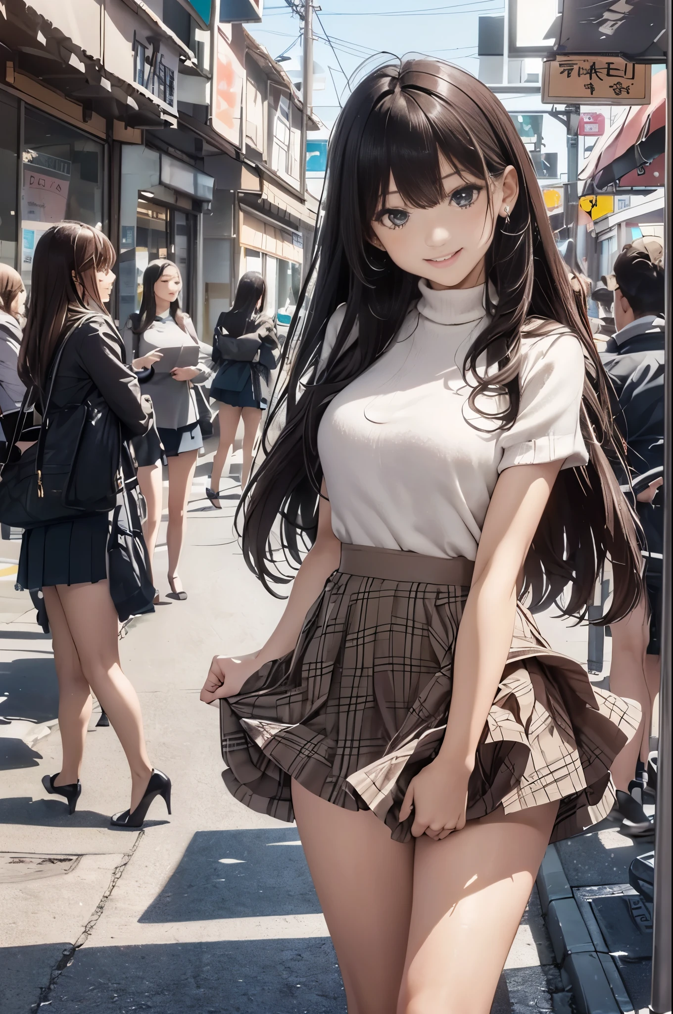 (Surreal)、(lamplight)、(A high resolution)、(8K)、(The content is very detailed)、(Best Best Illustration)、(beautidful eyes)、(quality)、(ultra - detailed)、(tmasterpiece)、(wall-）、（A detailed的the face）、solo、1 girl in、looking at viewert、Fine and detailed、A detailed的the face、In the darkness of the night、Depth shadows、low pitch、purebred face_v1、A smile、long、Black shawl straight hair、46 points oblique bangs,female student、(Brightly colored mini skirt,What about the lattice)、A smile, actual, realistically, hight contrast, photon maping, Authentic images, super detailing, low angles: 1.5, 1 girl, Alone: 1.5, pop star, Kaibo idol, dress up like k-pop, sexy for, Open your legs forward, Fancy makeup, blazer jacket: 1.3, short  skirt: 1.3,, high-heels, M-shaped open legs: 1.3, Open your legs 180 degrees, with an open crotch: 1.3, long brown hair, wet white: 1.5, You can see it from under the skirt: 1.3, Height 170 cm,ctextured skin