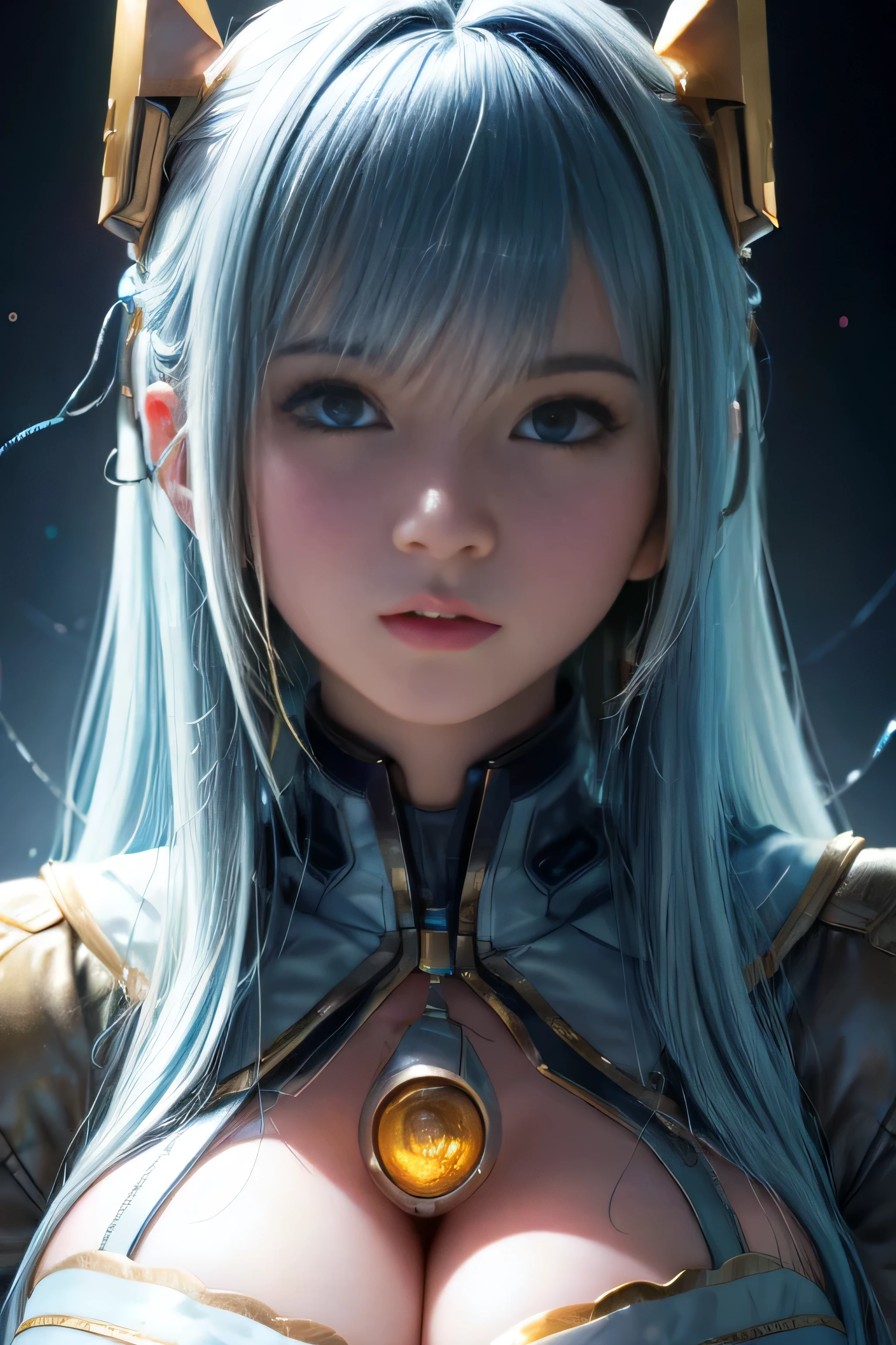((RAW image quality:1.4))、8K resolution、Ultra-high-definition CG images、highest quality、masterpiece、ultra high resolution、(realistic:1.4)、1 girl、(light blue hair)、straight hair, beautiful shiny hair、white and glossy skin、Huge , (cleavage:1.4)、Underboo Boo, abs, Sexy Cyberpunk Girl、headset, ((Ultra realistic details))、shadow area、octane rendering、super sharp、super detailed face、fiberglass、glowing tube、very intricate details、realistic light、CG Society Trends、((golden eyes))、(towards the camera)、Neon details Mechanical rim mechanical vertebrae attached to back、Mechanical neck that attaches to the neck、Wires and cables connecting to the head、space background、between legs、cowboy shot, battle pose,