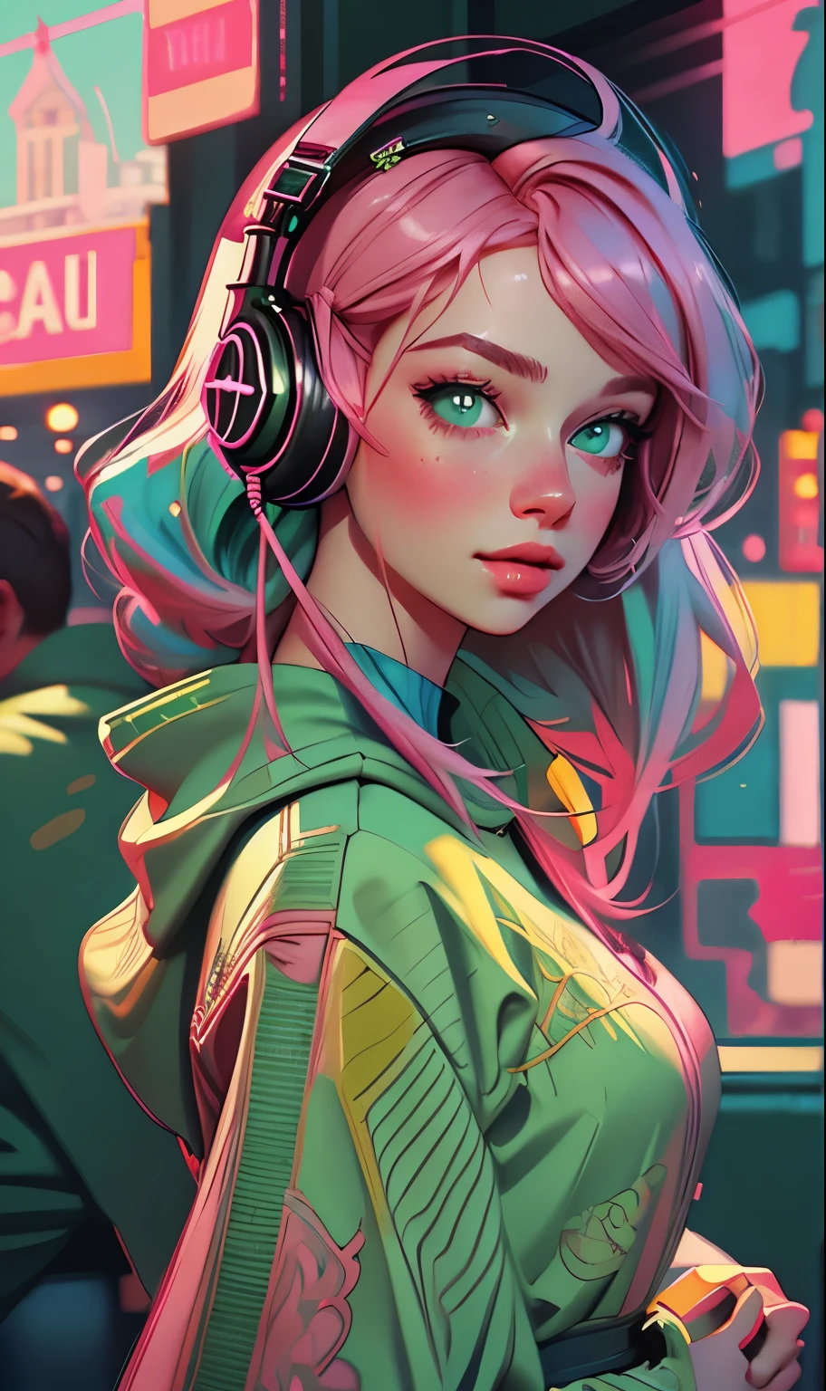 model girl wearing headphones, city background, emerald green eyes, pink hair, intricate details, aesthetically pleasing pastel colors, poster background, art by ilya kuvshinov