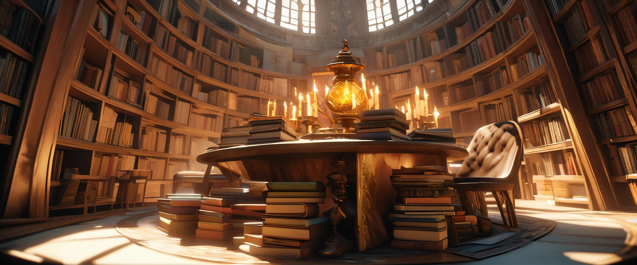 A library photographed with an ultra-wide-angle lens. A library filled with a majestic atmosphere of knowledge. High linear bookshelves, ``Harry Potter'' where witches eager to study democratize the practice of magic, fantastic milky white spells swirling in the air, and flickering candles create a fantastic space. The atmosphere as if the boundaries between reality and the magical world have become blurred, the tall black boots peeking out from under the flowing cloaks, and the pens and papers scattered around the table witches' concentration are reminiscent of titles such as ``Advanced.'' It is a testament to their dedication and determination to master this difficult art book. Transfiguration, The Mystical Properties, Masterpiece, Masterpiece, 32k, 3D, Artwork, Tradition and Mysticism, Library with School of Wizardry, Perfect Composition, Photography with Wide Angle Lens, Photorealistic, Fantasy, Rich Colors, Complex details, beautiful light and shadows, zentangle elements, dim background, a wizard with an oil lamp is looking at a bookshelf
