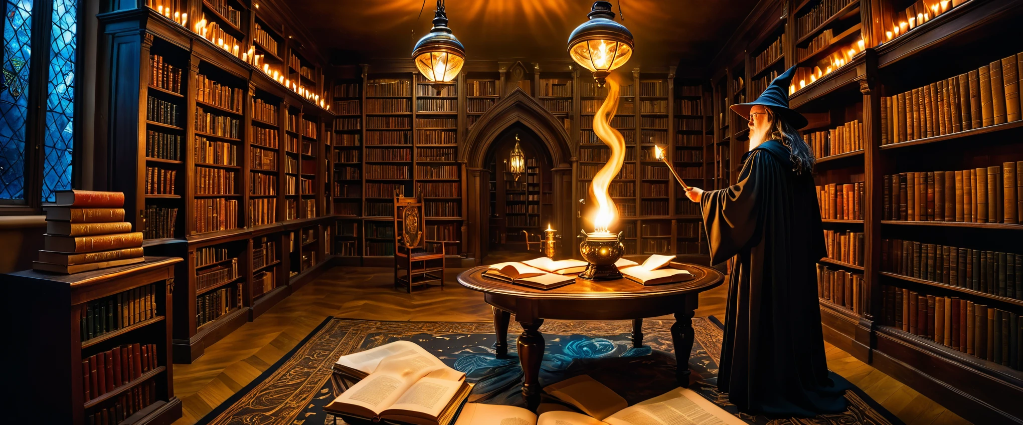 A library photographed with an ultra-wide-angle lens. A library filled with a majestic atmosphere of knowledge. High linear bookshelves, ``Harry Potter'' where witches eager to study democratize the practice of magic, fantastic milky white spells swirling in the air, and flickering candles create a fantastic space. The atmosphere as if the boundaries between reality and the magical world have become blurred, the tall black boots peeking out from under the flowing cloaks, and the pens and papers scattered around the table witches' concentration are reminiscent of titles such as ``Advanced.'' It is a testament to their dedication and determination to master this difficult art book. Transfiguration, The Mystical Properties, Masterpiece, Masterpiece, 32k, 3D, Artwork, Tradition and Mysticism, Library with School of Wizardry, Perfect Composition, Photography with Wide Angle Lens, Photorealistic, Fantasy, Rich Colors, Complex details, beautiful light and shadows, zentangle elements, dim background, a wizard with an oil lamp is looking at a bookshelf