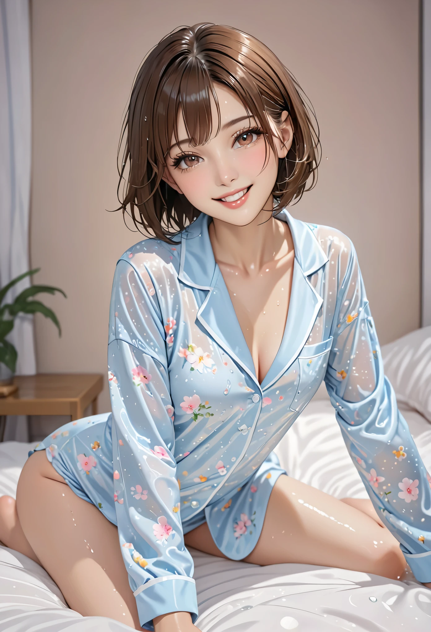 (top quality, masterpiece: 1.3), girls: 1, Sexy: 1.5, bob hair, brown hair: 1.3, (wet: 1.2), pajamas, fair, split, Super detailed faces, delicate lips, delicate eyes, double eyelids, Sexy, Smile, fair Legs