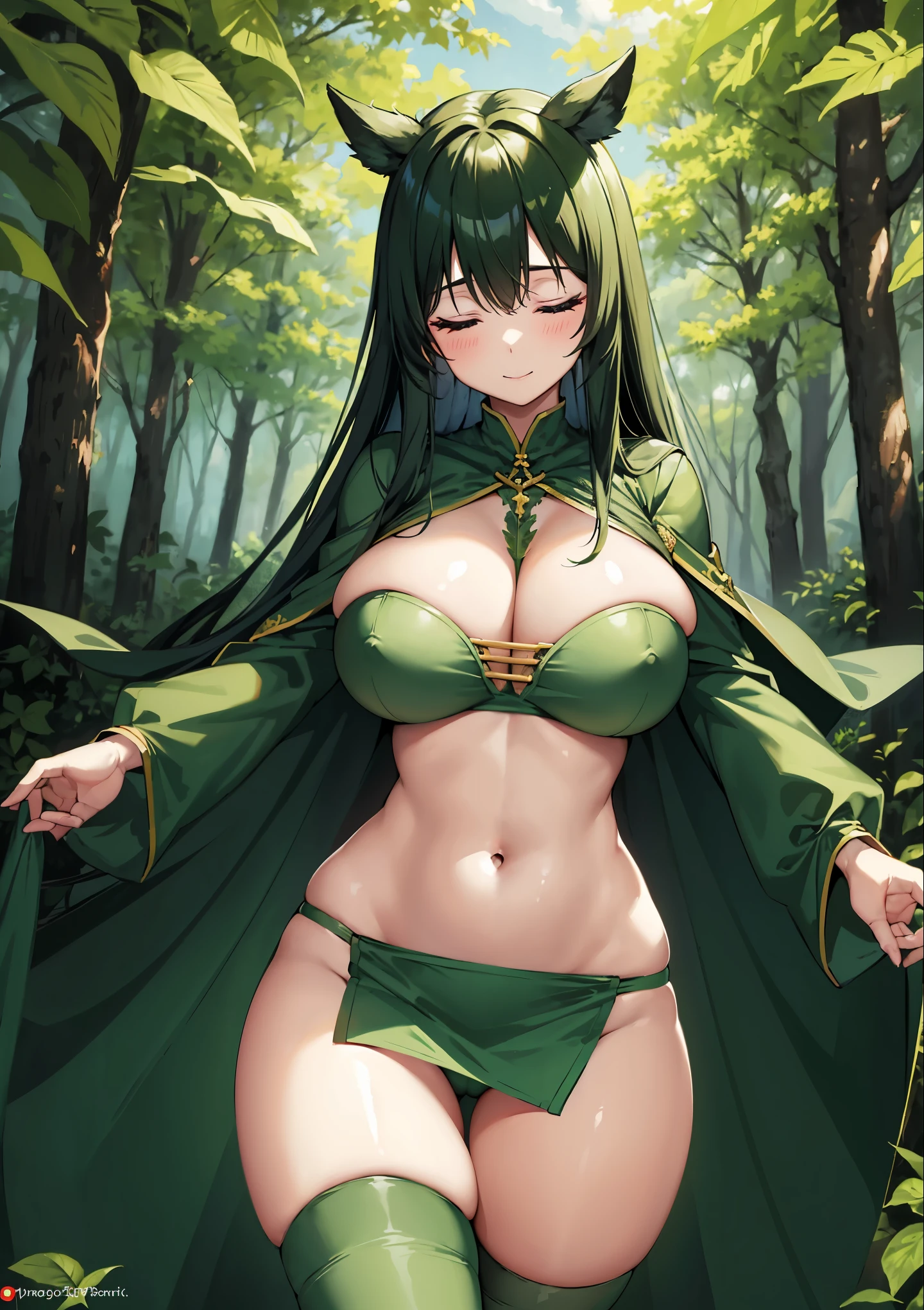 fantasy, 1forest_elemental_girl,(dark_skin:0.9), (using_leaves_clothes:1.1), green_leaves_covered_breasts, leaves_covered_pussy,covered_nipples,(gigantic_heavy_tits:1.1), walking, smile, sleepy, medium_hair, navel oil, (winding_vine_around_torso:1.1), forest_background, leaves_headgear, green_leaves_cape, spread_arms, large_staff, leaves_thighhighs, big_ass,solo,(pelvic_curtain:1.2), tabard,(plump:0.8),cowboyshot