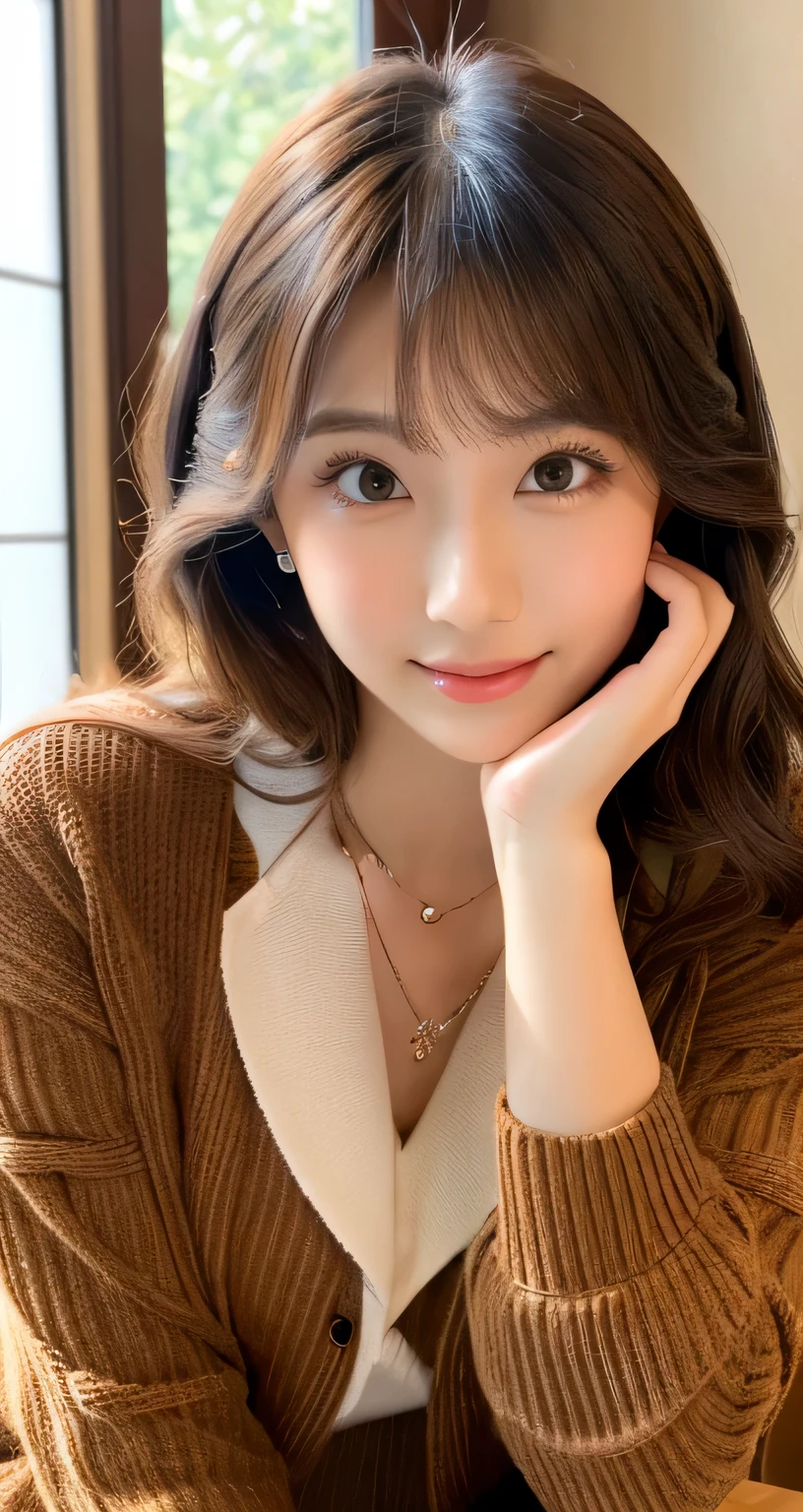 ((Night, Realistic Light, Best Quality, 8K, Masterpiece: 1.3)), 1girl, Slim Beauty: 1.4, Abs: 1.1, (Brown hair, Medium breasts: 1.3), Long pink sweater: 1.1, Bathroom, Super fine face, Delicate eyes, Double eyelids, smile, necklace