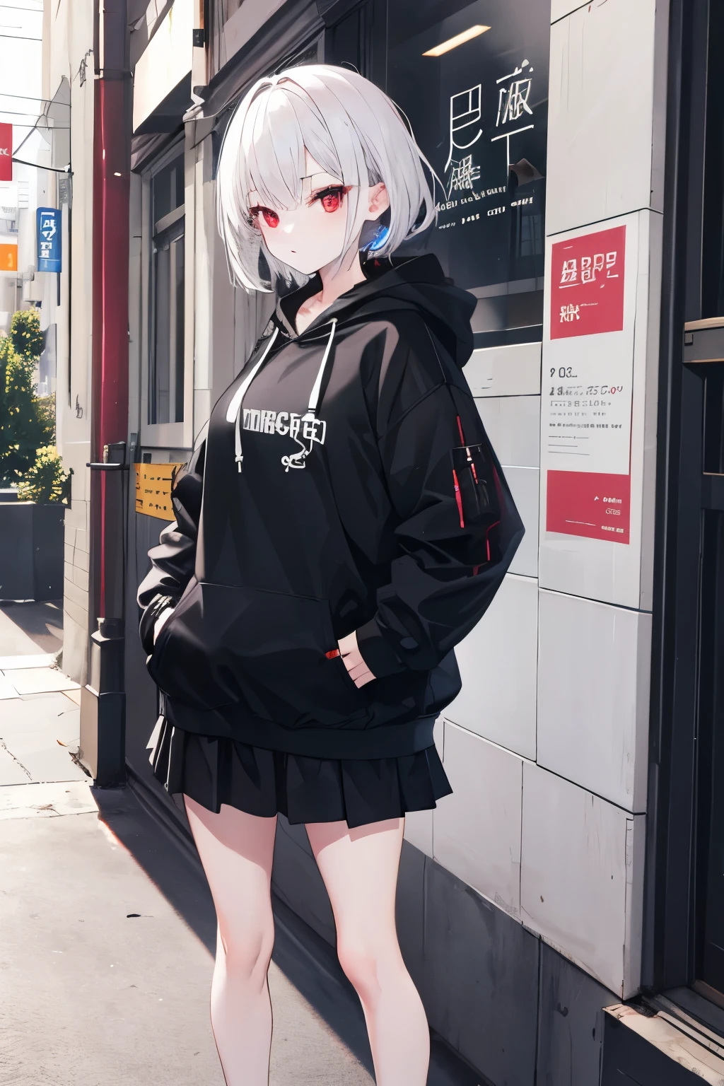 masterpiece, best quality, ultra-detailed, beautiful, 1girl, solo,((multicolored hair)), (white hair, black hair),ponytail,medium hair,black hair,between eyes,half-open slit eyes,squint,red eyes,ear piercing,choker,hoodie,plaid mini skirt, standing, simple background, from front, looking at the viewer，