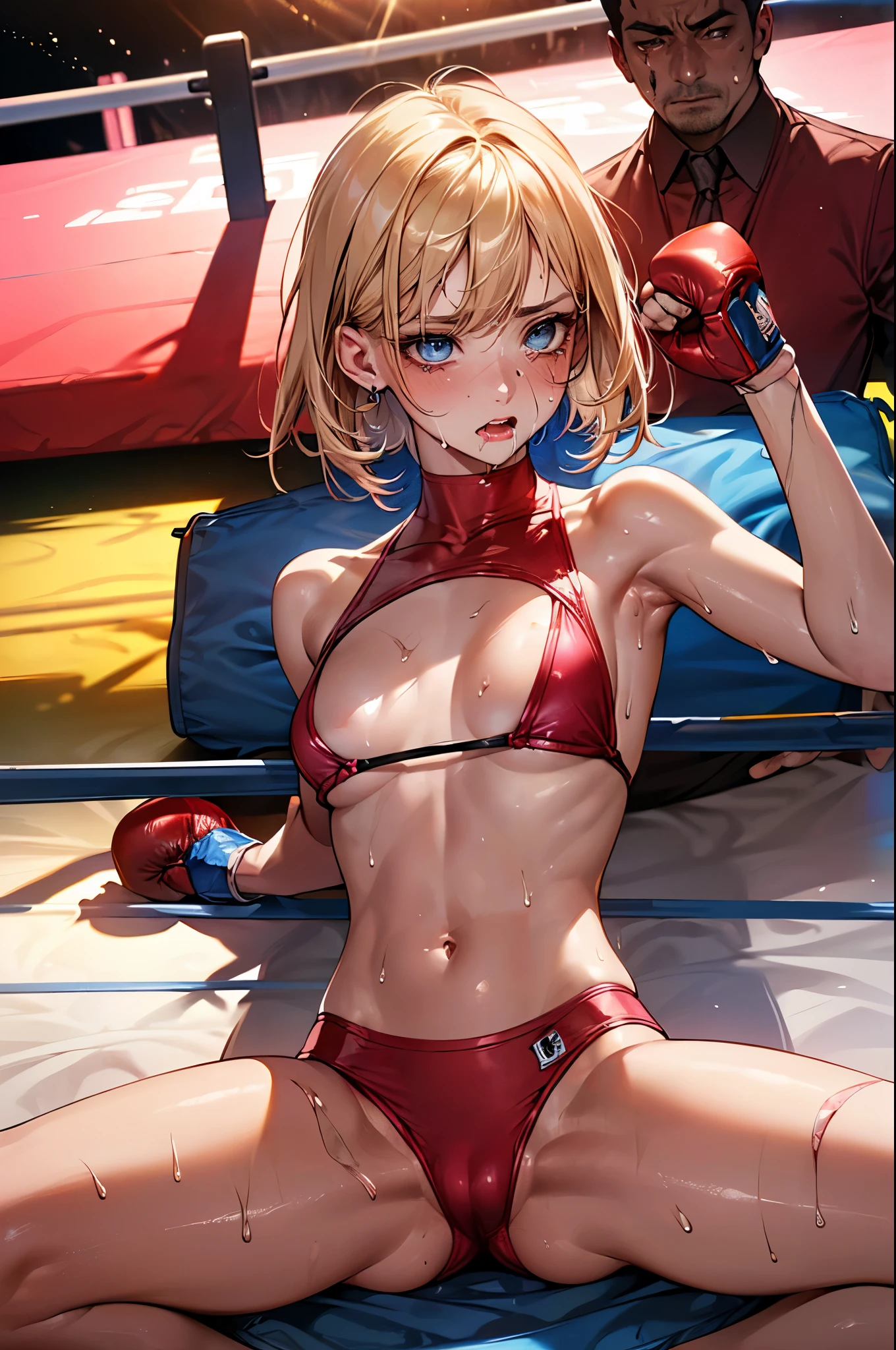 ((nsfw,Public SEX,1man and 1woman,having sex:1.7,raping,)),man on top,vaginal penis,(During a martial arts match、simple boxing ring)、((perfect anatomy,realistic,:1.3,RAW Photography:1.3,masterpiece、highest quality、Ultra - High resolution、High resolution、Highly detailed CG、8K)),cowboy shot,1 female,solo,20 year old beauty、female martial arts athlete、beautiful detailed face and eyes,big and gorgeous eyes),dark blue eyes,(blonde hair,short bob hair,bangs),(large breasts,slender body,small head:1.4, toned body, gleaming skin,oily skin,shiny skin),((injury,sweat,Bruises from being beaten a lot:1.5,lying on boxing ring,spread legs:1.5)),(naked,bara naked,yellow open finger gloves)、simple martial arts ring、dim lighting、underground、Audience in the background、