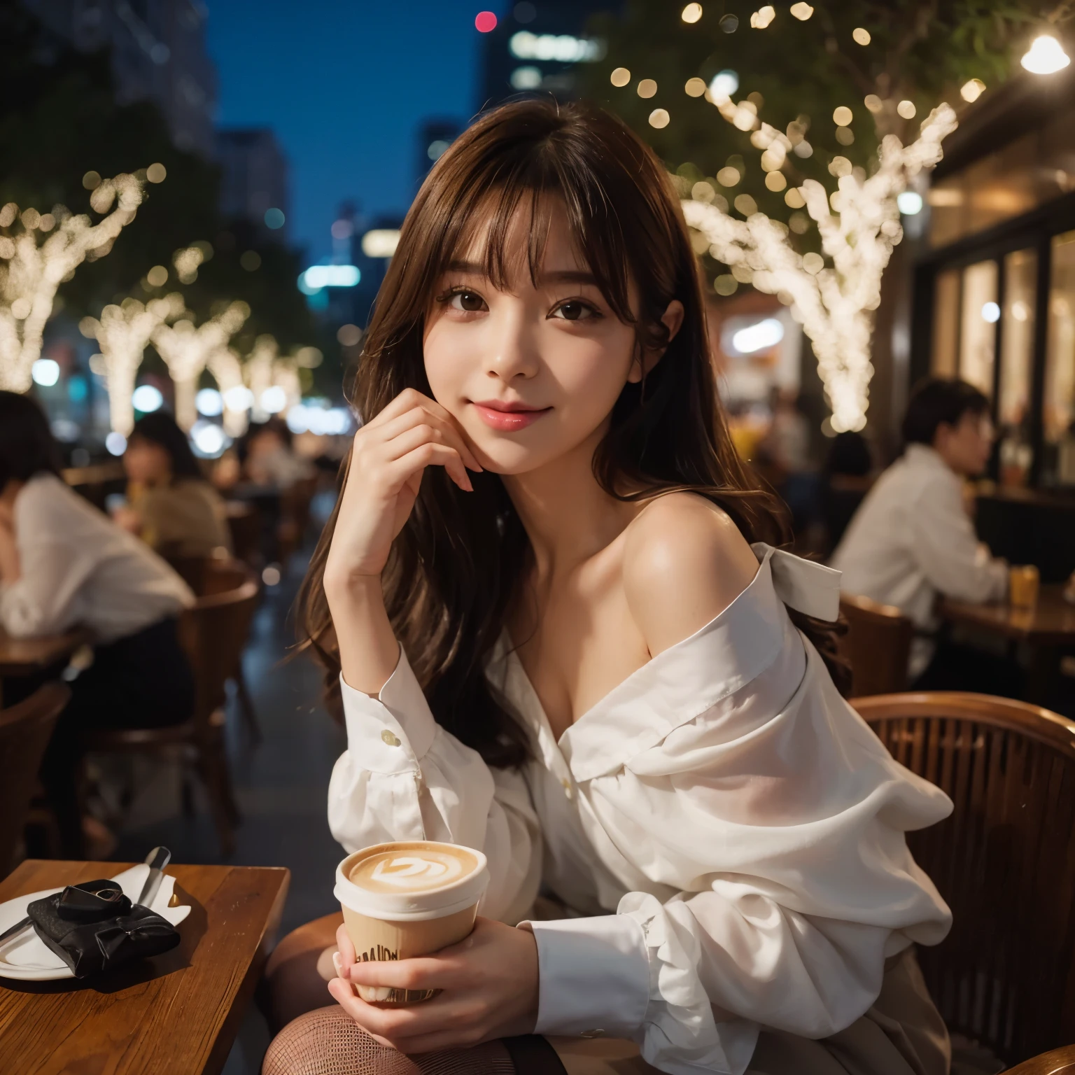 8k Uhd, Dslr,Film Grain, Fujifilm XT3,(Best Quality:1.3), (Masterpiece:1.1), High Resolution, Cinematic Light, Intricate Details, (Photorealistic), starry night Outside,street downtown cafe scenery, stylish japanese Girl ((RIRI NANATSUMORI:1.3)), (In Cafe:1.5), Ulzzang Makeup, cleavage shown, big breast, Expressive happy, hold a cup of cofee, long hazel hair with bangs, Looking At Viewer, Bare Shoulders, loose white blouse, Pencil Skirt, cozy Sitting, cute gestures, Black Pantyhose, smile, Detail Face (Full Body:1.6)