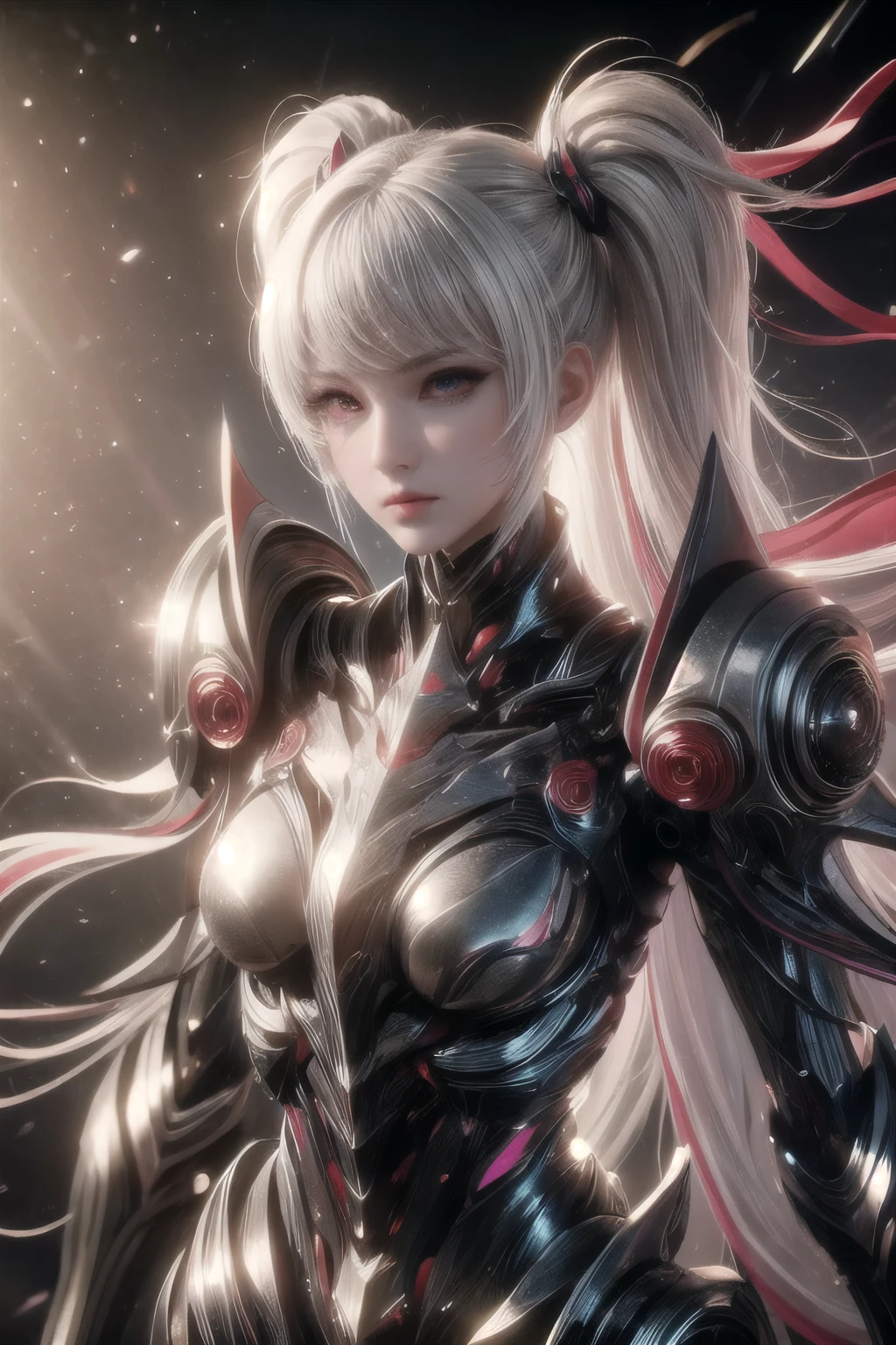 Make me an armored warrior princess with an aura greatsword, She has long, curly hair with a white streak, the predominant color is orange.