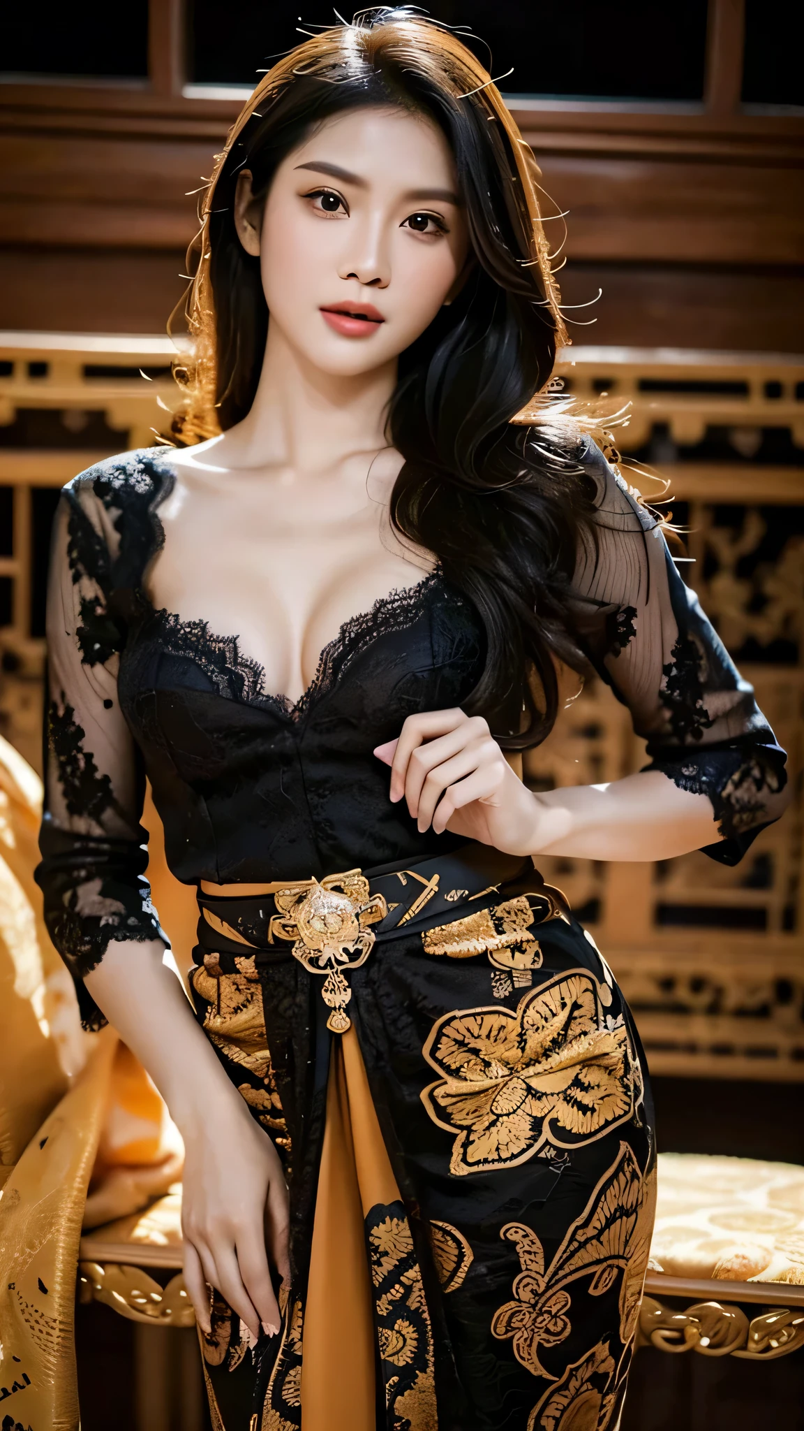 1 Indonesian-Dutch girl, 25 years old, long fashion hair, fit body, small cleavage, skintight black lace kebaya, batik skirt, masterpiece, highly detailed, ultra hd, 8k, detailed face, bright eyes, perfect eyes, detailed skin texture, detailed lips, sexy lips, perfect hands, big breast, cleavage, dynamic angle, cowboy shot