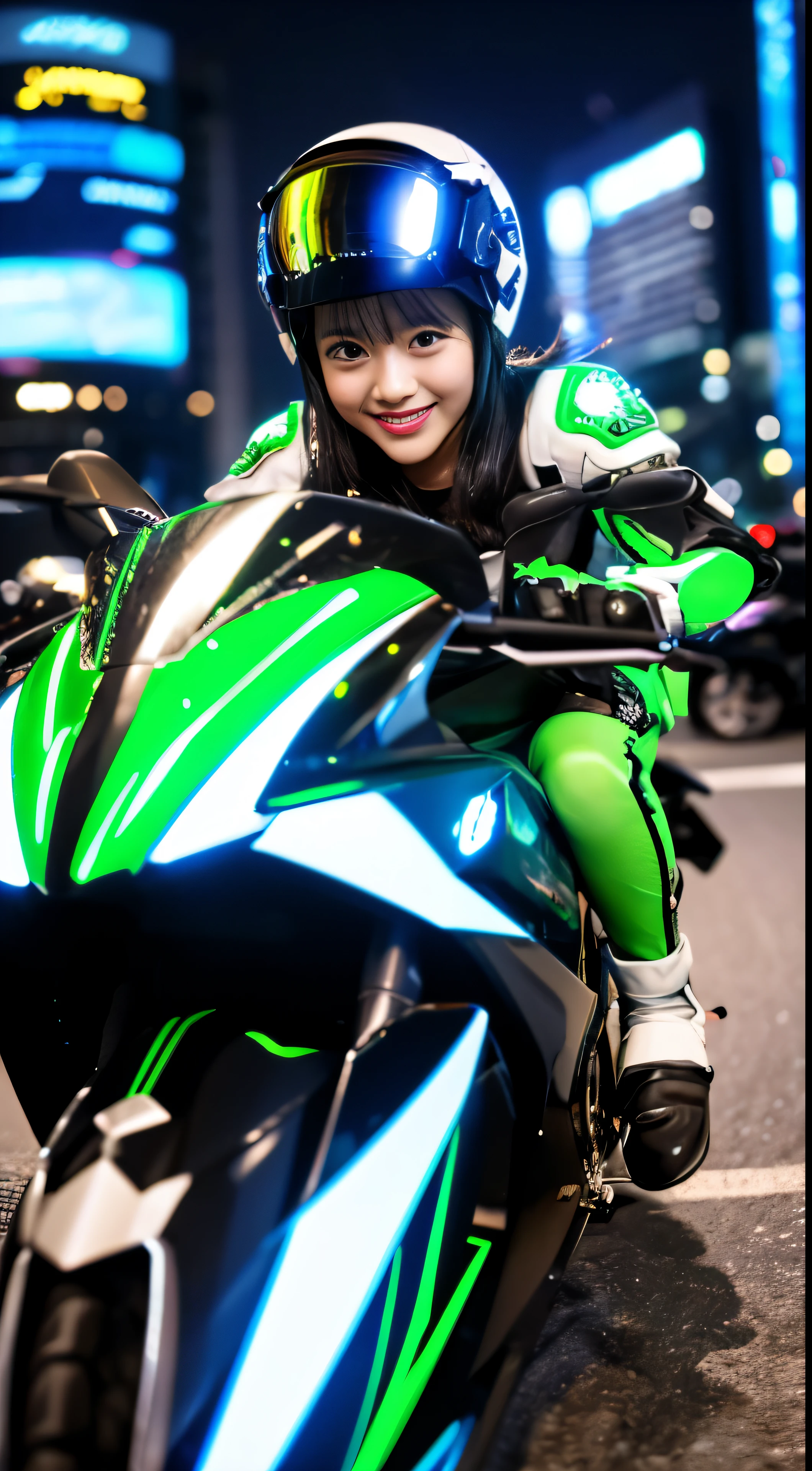 Highest image quality, outstanding details, ultra-high resolution, (realism: 1.4), the best illustration, favor details, highly condensed 1girl, with a delicate and beautiful face, dressed in a black and green mecha, wearing a mecha helmet, holding a directional controller, riding on a motorcycle, the background is a high-tech lighting scene of the future city.