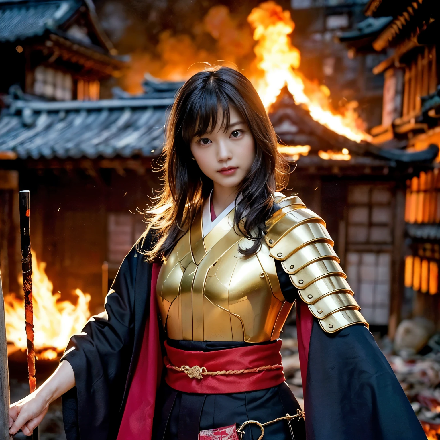 (((Realistic, masterpiece, best quality, crisp detail, high definition, high detail, sharp focus, perfect studio lightning))), 20 years old assassin,((( in the middle of a war, kasumi arimura, fighting stance))), wearing (((fully decorated golden armor, armored kimono, blood scattered face, blood bath, blood shed))), (((fire everywhere, blood everywhere, death everywhere, japan bakumatsu period, dead bodies,carcass, ,fire,smoke,burned japanese castle village,hellish ) messy traditional village background)