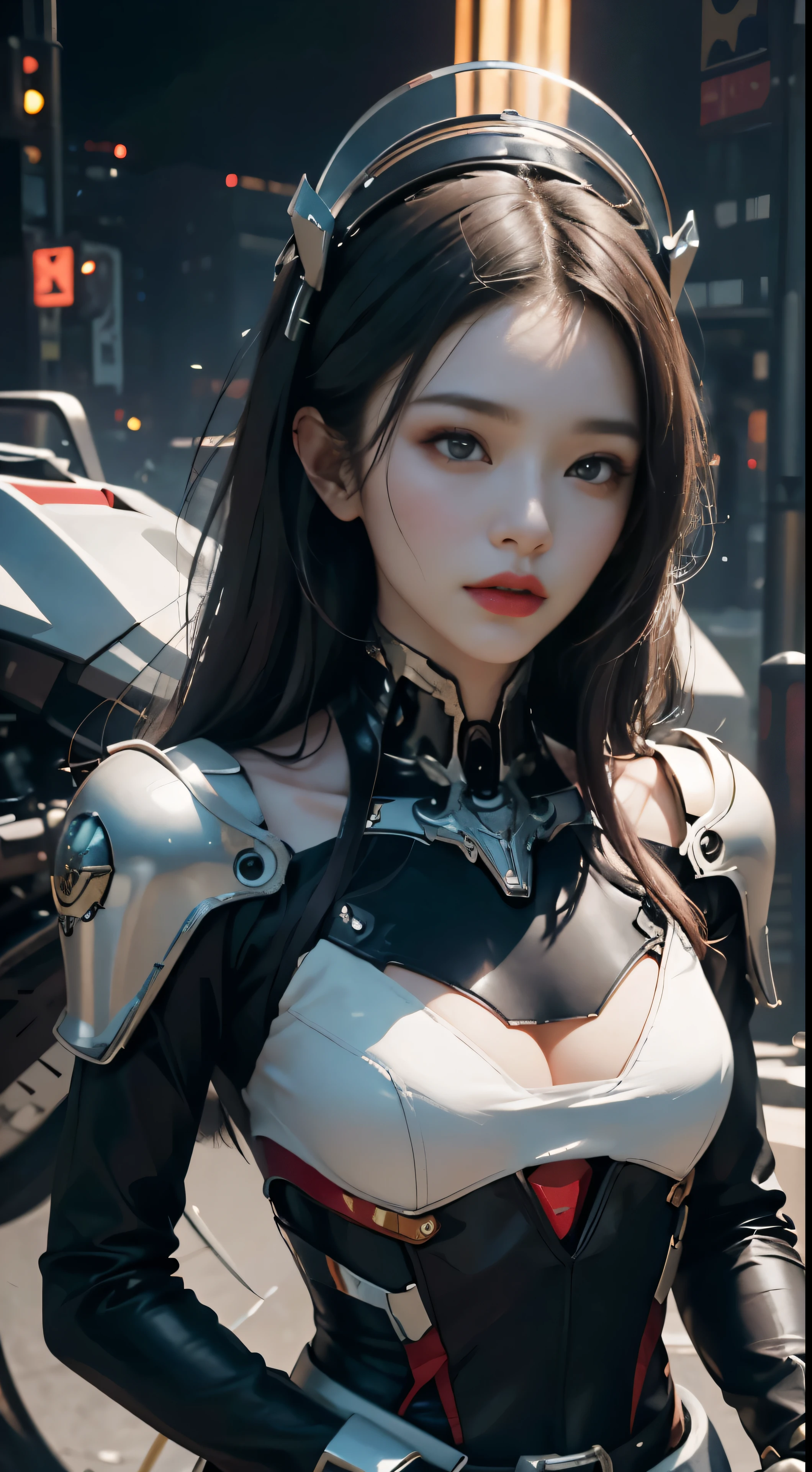 In this image, the highest image quality is showcased with outstanding detail and ultra high resolution. Realism is highlighted with every intricacy of the scene brought to life at a level 1.4. Best illustrations come together in this masterpiece, with details so lifelike it's as if you could touch them.

The subject of the image is a girl dressed in black and red mechs. She wears a mechanical helmet, a direction controller in hand, and is riding a motorcycle at an exhilarating speed. Surrounding her is a high-tech lighting scene of a futuristic city.

Her facial details are delicate and beautiful, with every line and curve perfectly captured. Her