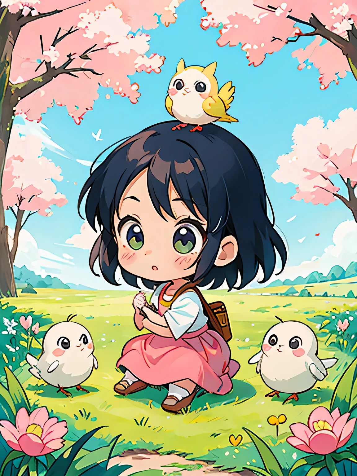 akira toriyama style, Kawaii Design, most beautiful girl ever、Chibi, beautiful spring afternoon、birdie