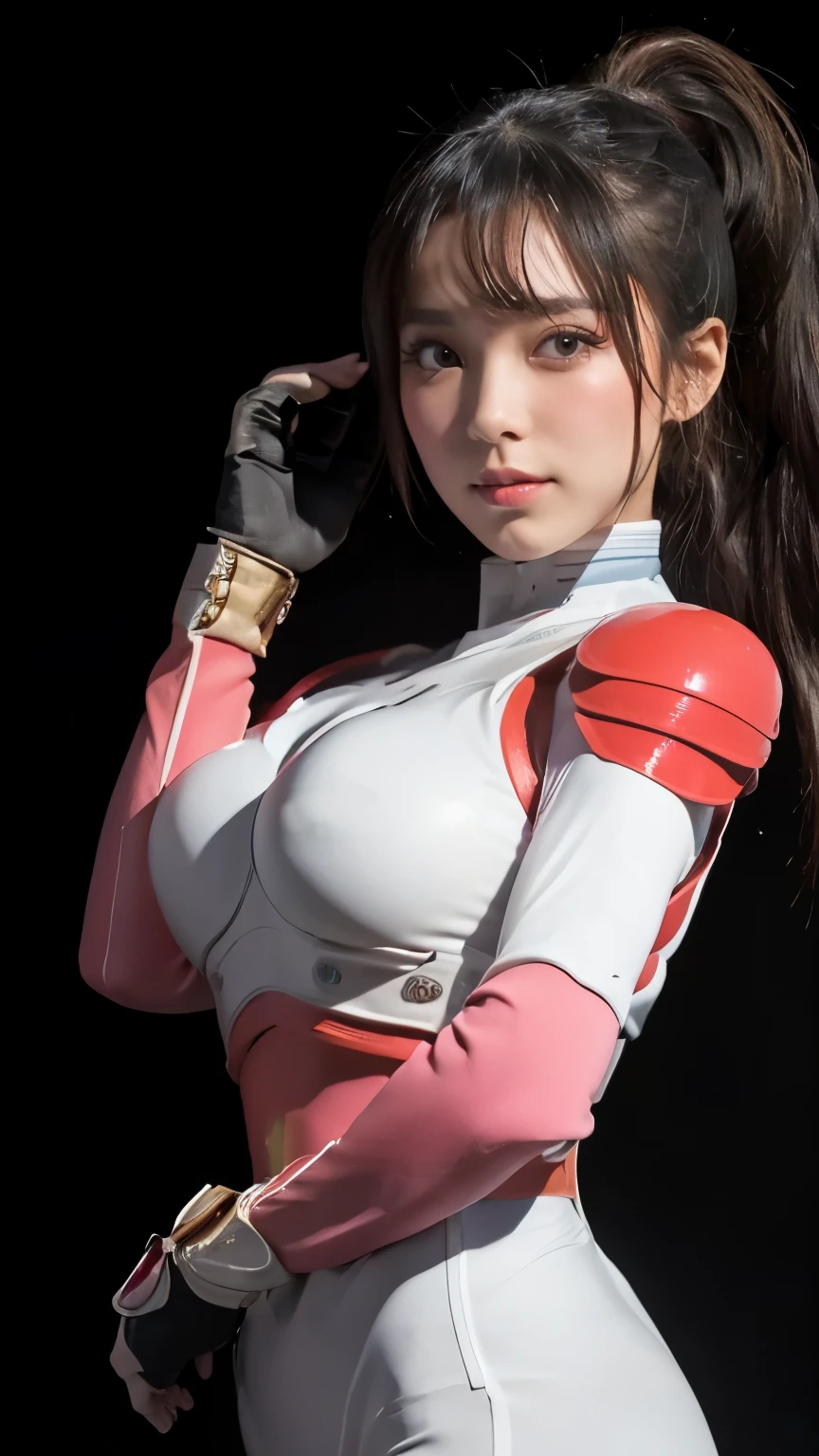 (highest quality、8K、32k、masterpiece、UHD:1.2、perfect body beauty:1.2、Wearing a futuristic hero suit with a dark pink and white shine:1.5、rain、street、Cute 25 year old Japan woman、big and full breasts:1.5、ponytail、Upper body、front、simple background、looking at the viewer、