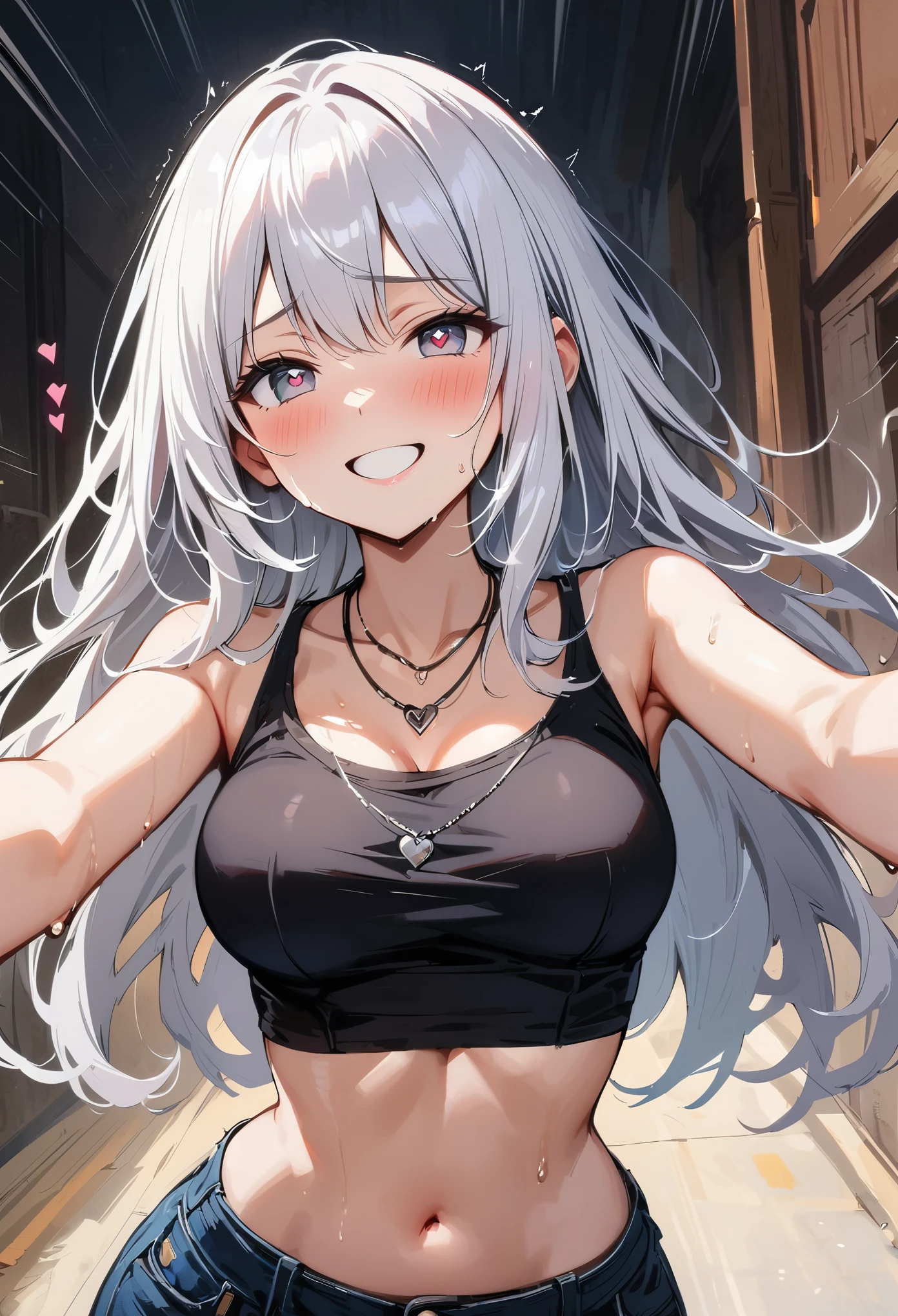 8k HD,Highest image quality,masterpiece quality,best quality,4K mobile wallpaper,1 girl,Heart-shaped pupils,nail,Put your hands on your face,white hair,gray eyes,big watery eyes,(blush:1.1),necklace,Upper body,trembling,Sweat,滴Sweat水,Heart,(speed line:1.1),medium breasts, ((Difficulty breathing:1.3)), like, Heart, crop top, Cheerful, Smile,The picture is transparent and bright,