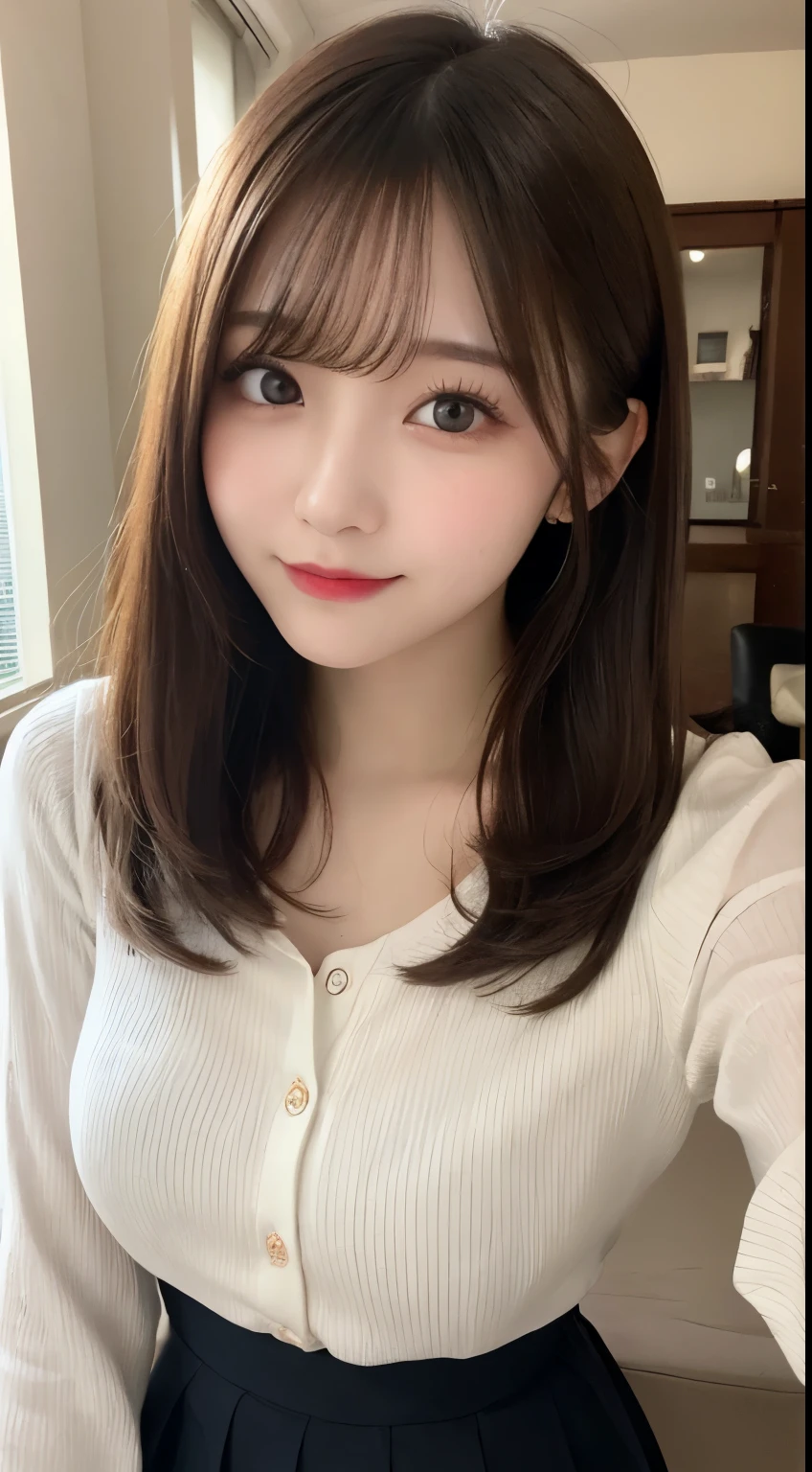 table top, highest quality, shape, Super detailed, finely, High resolution, 8k wallpaper, 完璧なダイナミックな構shape, beautiful and detailed eyes, small breasts, natural color lip, ランダムなsexy pose,smile,20 year old girl、Beautiful and dense face、perfect and beautiful face,Big eyes、real photos(best image quality),cute face、cute、blouse(black)、pleated skirt、Blurred tower apartment living room background、sexy pose