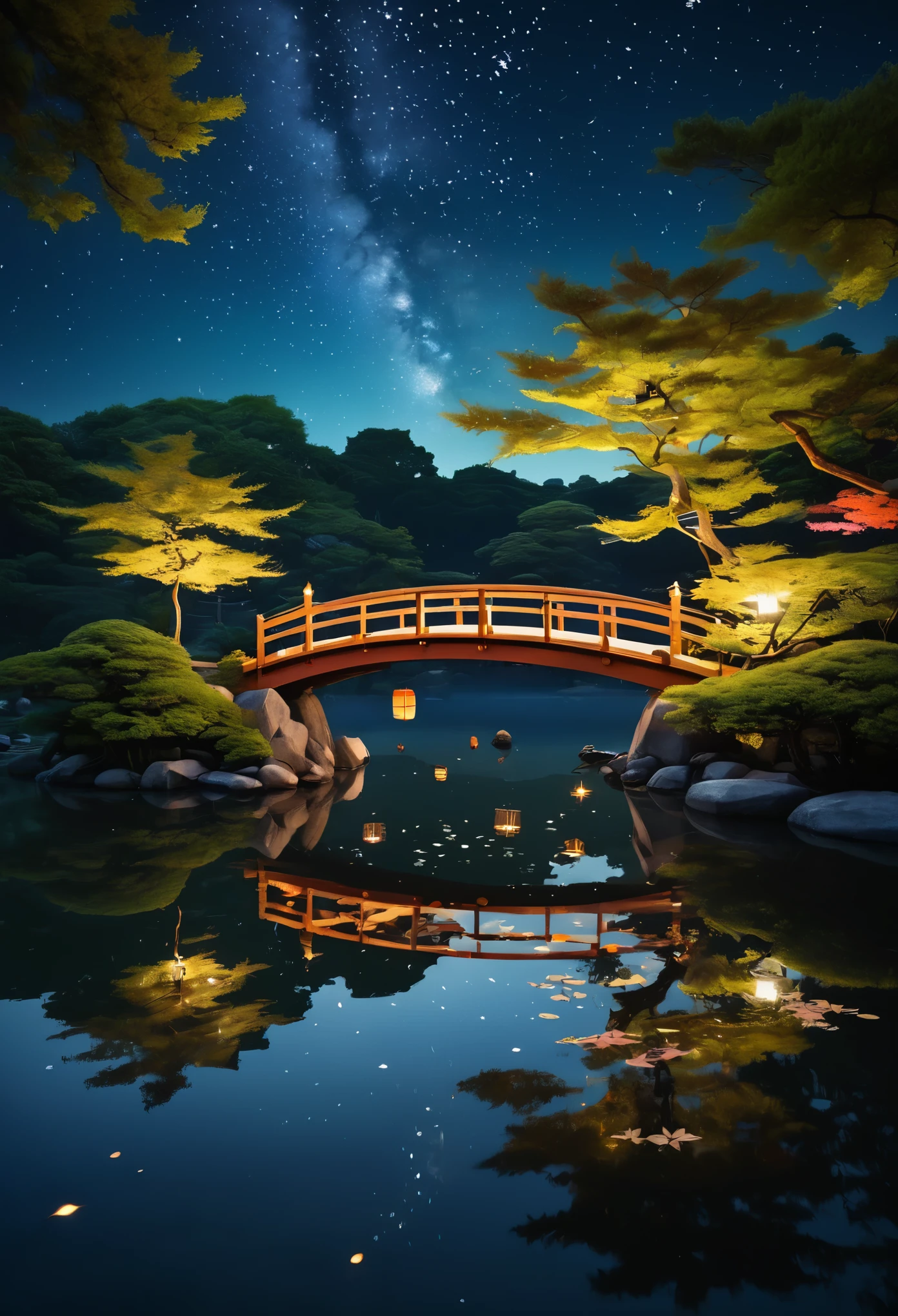 A nightscape inspired by Japanese art, with a garden lit by paper lanterns and a wooden bridge over a tranquil lake. The starry sky is reflected in the water, creating a magical environment. On the shore of the lake, there is a small Zen temple lit by candles, where people come to meditate. The leaves of the trees sway gently in the wind, creating a calm and tranquil atmosphere.