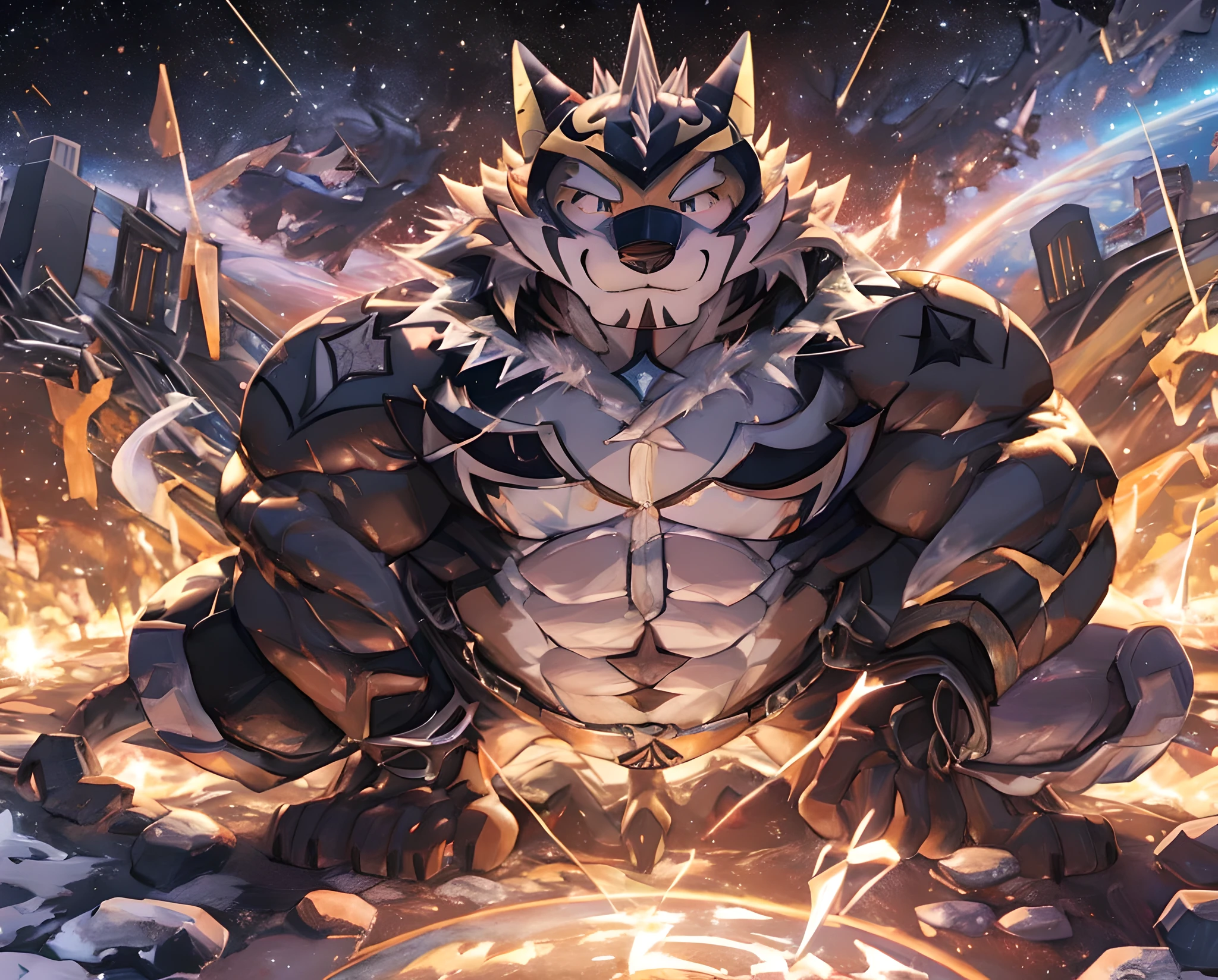 Anthropomorphic, (Solo), Ryekie, Single, Male, Muscle, Lonely, 50 years old, in King clothes, floating in space, scale of view, Masterpiece, No Noise, an Amazing landscape, High Definition, Super Detail, Best Drawing, by Nullghostart, Planets control, Cosmos, Embrace the Sky, Stargazing, Beautiful atmosphere, Lighting, on the space, Reaching the stars