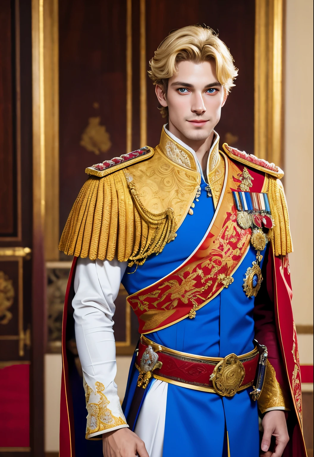 A masterpiece of world art ! Top quality . High detail . portrait of a prince with a sword on his belt! handsome guy in expensive imperial robes , rich decoration in the imperial palace , bright colored decorations . Short blond hair , Blue eyes , seductive smile . very handsome guy. Photo portrait of the prince in the highest quality !