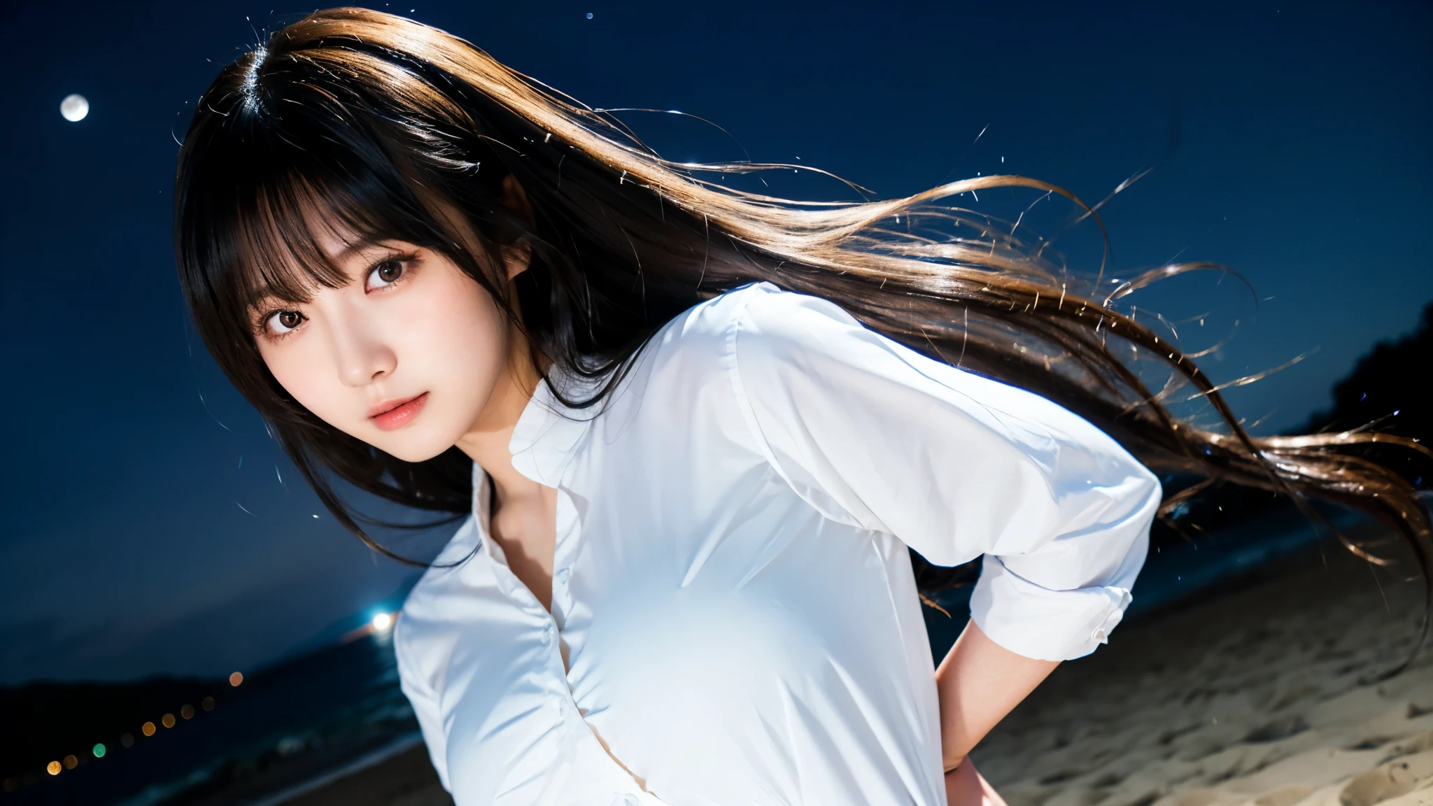 (highest quality,masterpiece:1.3,ultra high resolution),(Super detailed,caustics,8k),(photorealistic:1.4,RAW shooting),(night),(night空),(starry sky),(full moon),(beach),(full moonを見上げる女の子1人),Are standing,20-year-old,cute,Japanese,black long hair,strong wind,(hair blowing in the wind),(white blouse),(big breasts),Natural light,moonlight,(side shot),(bust up shot),(low position),(Low - Angle)
