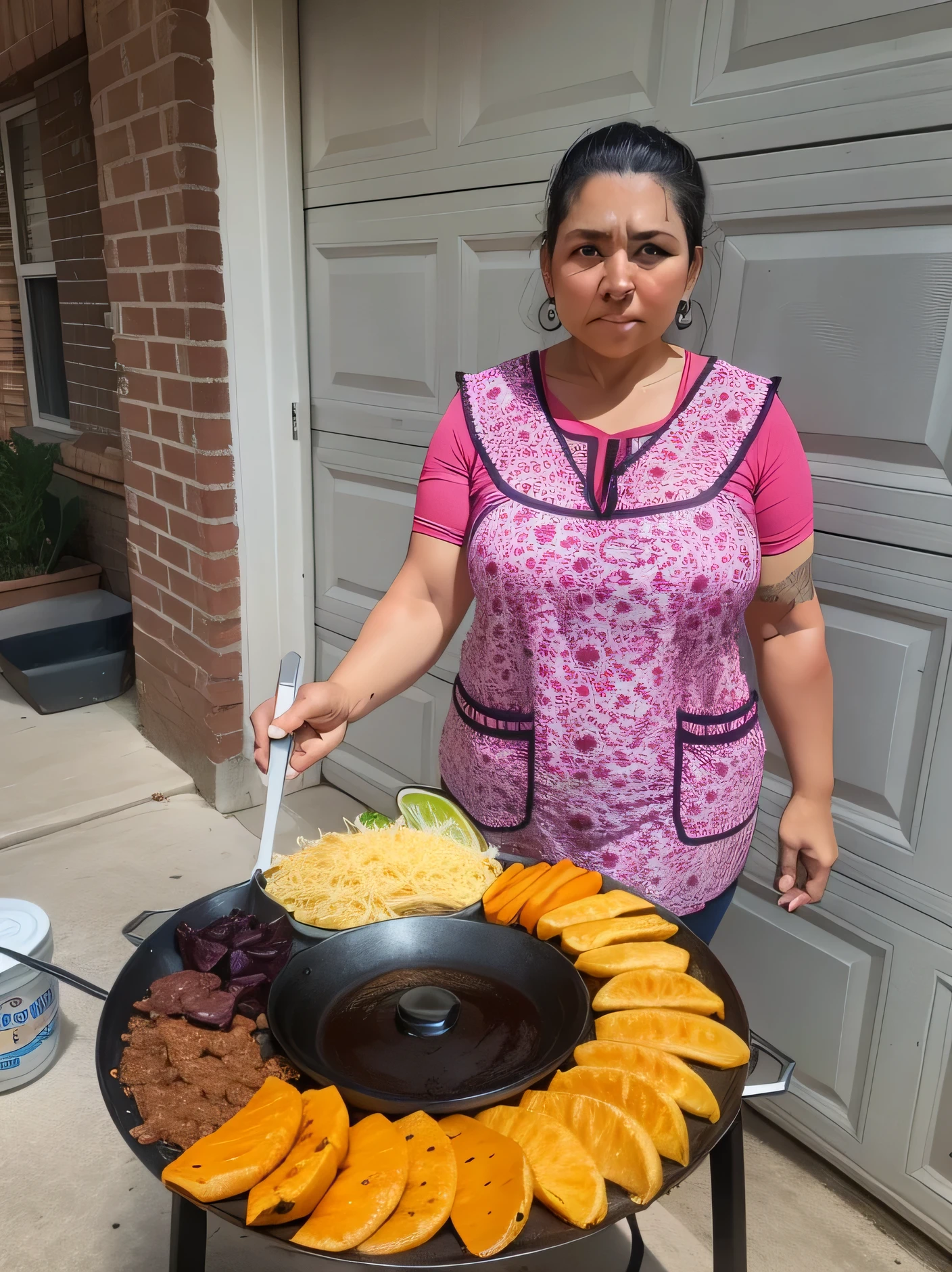 woman standing in front of a grill with a plate of food on it, salsa vendor, karla ortiz, lorena avarez, offering a plate of food, she is mexican, chilaquiles, by Nancy Carline, by Carey Morris, by Kathleen Scott, pilar, by Heather Hudson, by Kristin Nelson, yummy