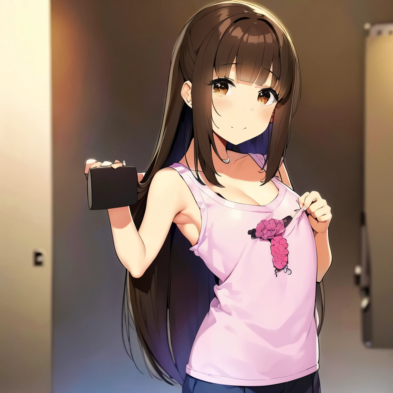 A 14 year old teenage girl with long brown hair, ojos marrones claros, apariencia inocente, notablemente hermosa a simple vista, con estilo de jelly art.