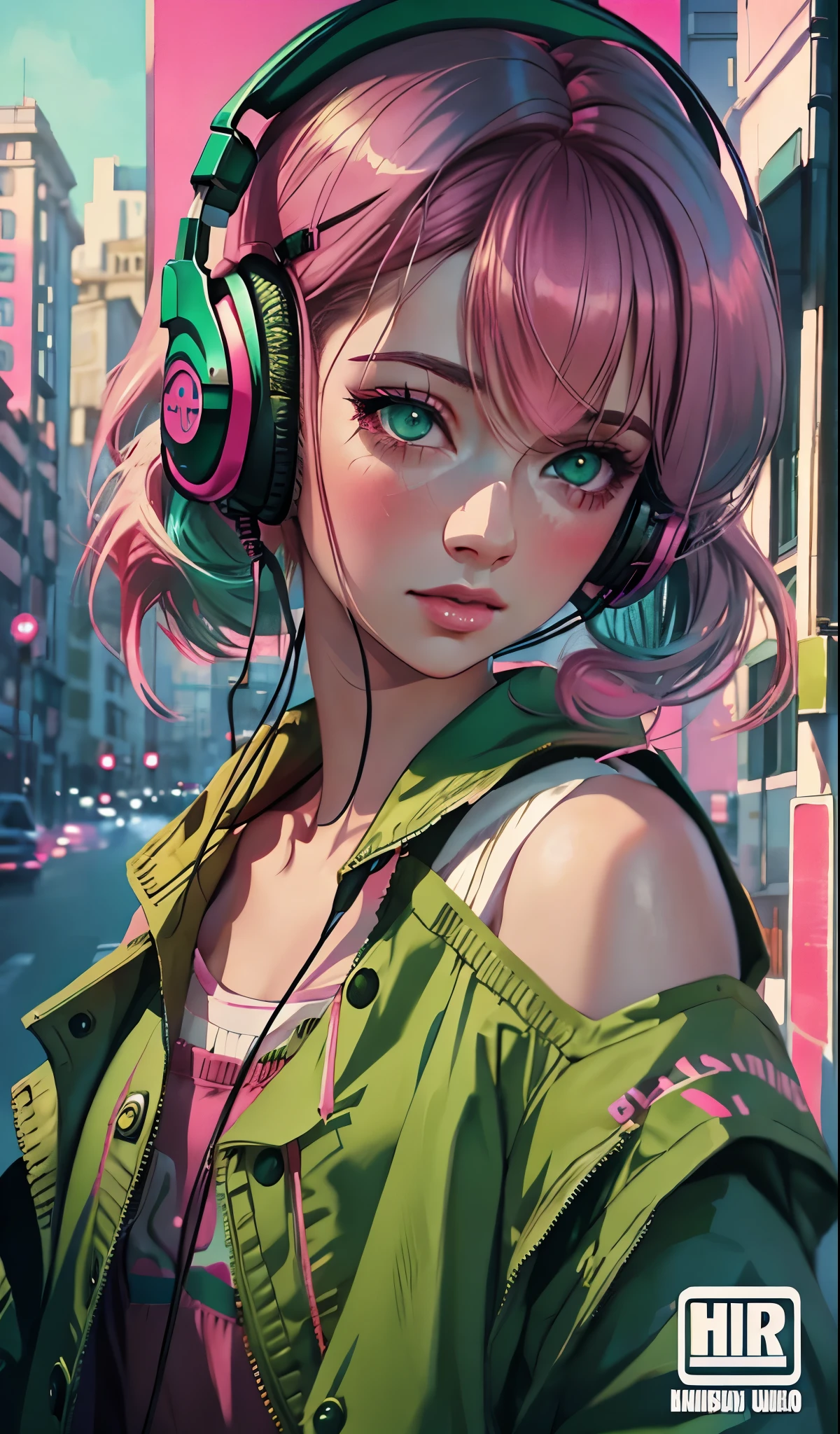 model girl wearing headphones, city background, emerald green eyes, pink hair, intricate details, aesthetically pleasing pastel colors, poster background, art by ilya kuvshinov