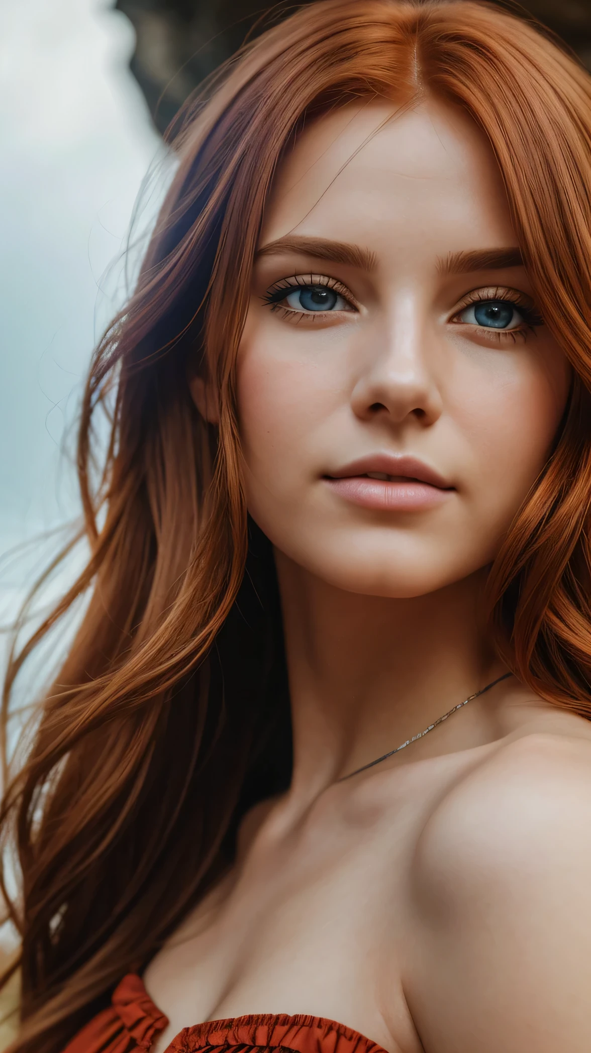 RAW uhd portrait of 24-year-old blonde close-up, Natural red hair, castles, Wavy, (brown-eyed woman) colourful, 8k, many details, ultra hd, realistic, vivid colors, highly detailed, UHD drawing, pen and ink, perfect composition, beautiful detailed intricate insanely detailed octane render trending on artstation, 8k artistic photography, photorealistic concept art, soft natural volumetric cinematic perfect light, Prehistory, redhead, (Red Summer Dress), (cutout), Detailed (textures!, Hair!, brightness, Color!, imperfections:1.1), High detail of light eyes, (looking at the camera), specular lighting, dslr, ultra quality, sharp-focus, Sharp, Depth of field, Film grain, (centered), Fujifilm XT3, Crystal clear, The center of the frame, cute face, sharp-focus, bokeh, (dimly lit), Low key, (day sky), day.