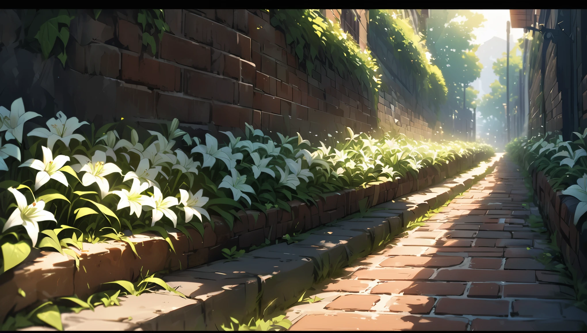 landscape、Ultra high precision、masterpiece、High Precision、Brick road、Lily flowers are growing through the gaps between the bricks.、Sunlight shining in