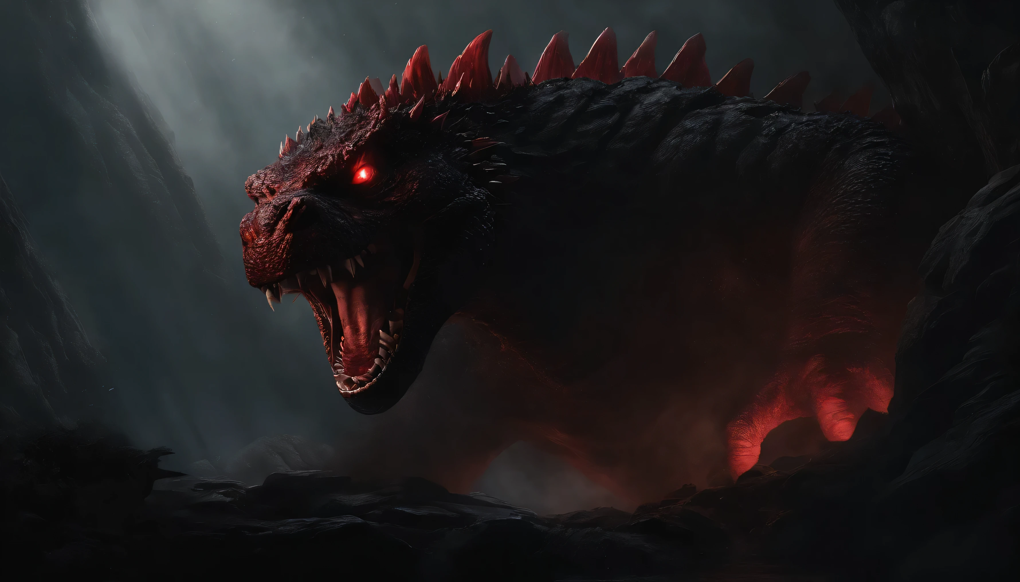 /imagine prompt: A hyperdetailed 4K digital illustration of Demon Godzilla, depicted within the confines of a dark and ominous cave, emanating an aura of menace and malevolence. The scene captures Demon Godzilla laughing sinisterly, its monstrous form bathed in eerie hues of black and red. The cave walls are slick with blood, adding to the foreboding atmosphere. Demon Godzilla's expression is twisted with wicked delight, its jagged teeth bared in a malicious grin. Lighting is sparse, with flickering shadows casting an unsettling ambiance throughout the cave. The level of detail in the illustration accentuates the monstrous nature of Demon Godzilla, instilling a sense of dread in the viewer. --v 5 --stylize 1000
Negative prompts: ugly, tiling, poorly drawn hands, poorly drawn feet, poorly drawn face, out of frame, mutation, mutated, extra limbs, extra legs, extra arms, disfigured, deformed, cross-eye, Body out of frame, Blurry, Bad art, Bad anatomy, Blurred, Watermark, Grainy, Duplicate