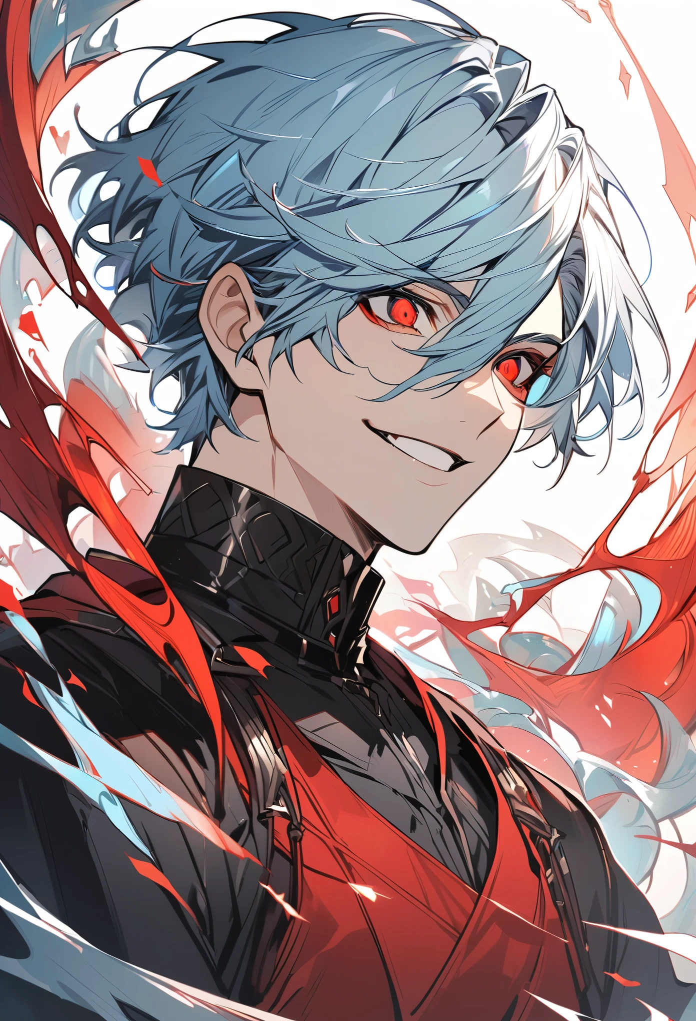 handsome, solo, 1 male, short hair, light blue hair, black shirt, white and red clothes, sharp eyes, ring red eyes, smile facial, fantasy, upper body shot