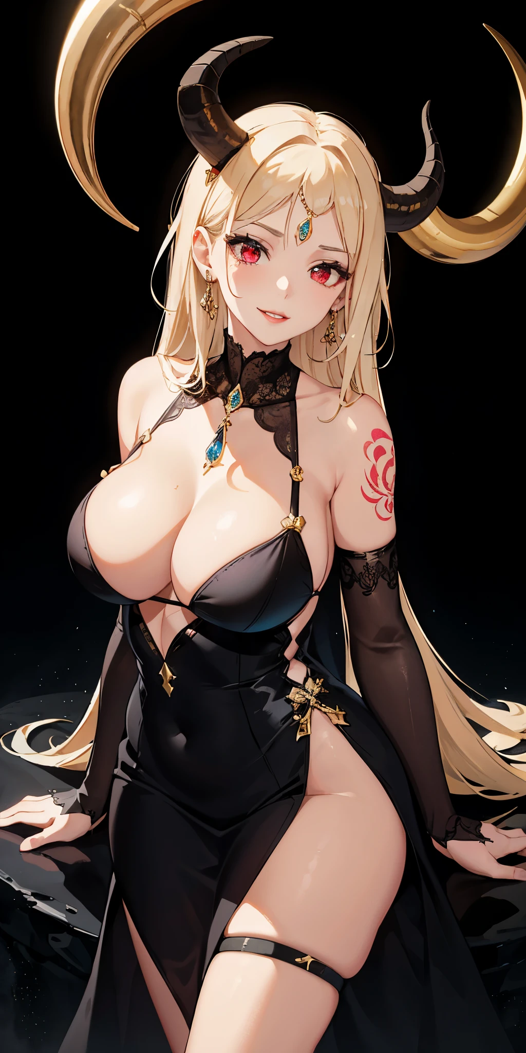 young woman, jewel on the forehead, gold jewelry, Goddess, ram horns, plump lips, masterpiece, 4k, highres, absurdres, red eyes, black lingerie dress, tattoos on arms and chest, large breasts, beautiful lighting, dynamic posing, black lipstick, smirking, halo