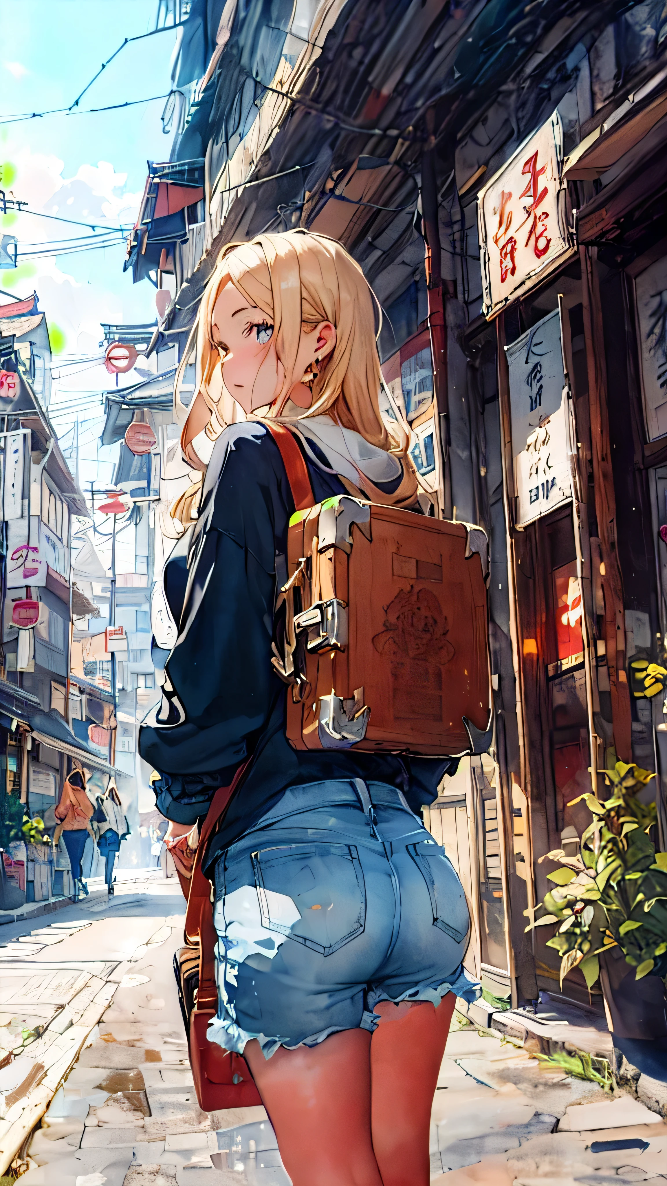 anime girl with a suitcase walking down a street in a city, artwork in the style of guweiz, guweiz on artstation pixiv, guweiz on pixiv artstation, guweiz, anime style 4 k, detailed digital anime art, blonde anime girl with long hair, beautiful anime artwork, young anime girl, kawacy, detailed anime artwork
