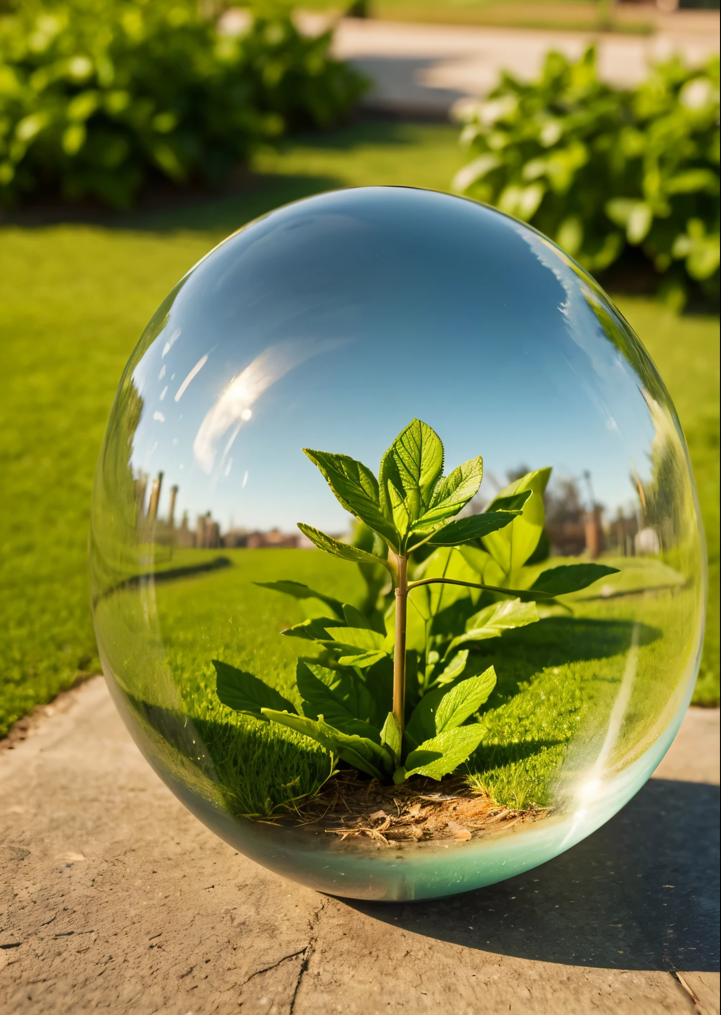 glass bulb placed on the lawn、A pulp plant is represented within the sphere.、macro photography、High definition、high resolution、High color rendering、High resolution、Super realistic、photo realistic