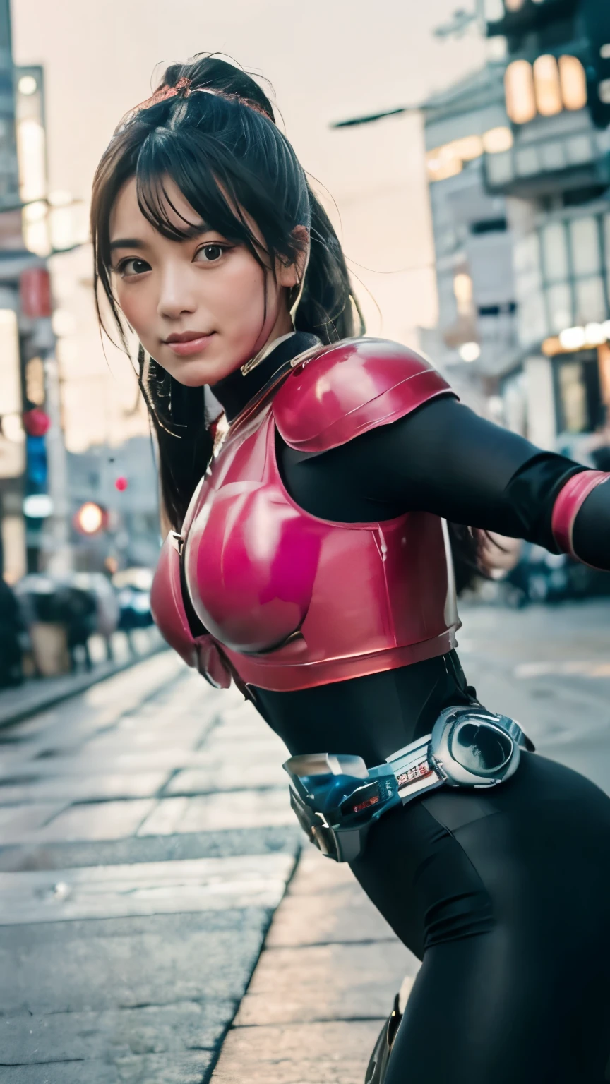 (highest quality、8K、32k、masterpiece、UHD:1.2、perfect body beauty:1.2、Wearing a futuristic hero suit with a dark pink and white shine:1.5、rain、street、Cute 25 year old Japan woman、big and full breasts:1.5、ponytail、Upper body、front、simple background、looking at the viewer、